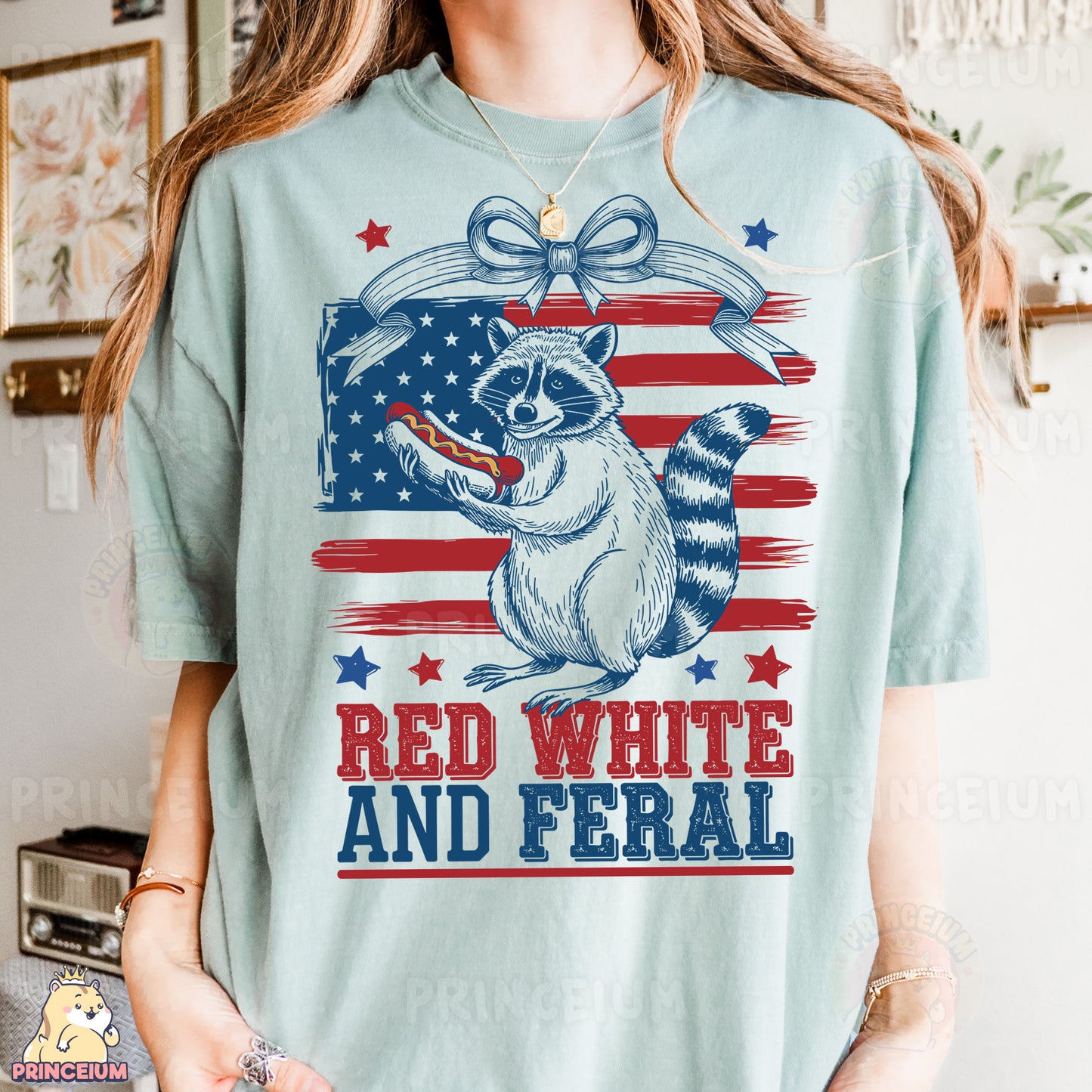 a woman wearing a red, white and fe ral t - shirt