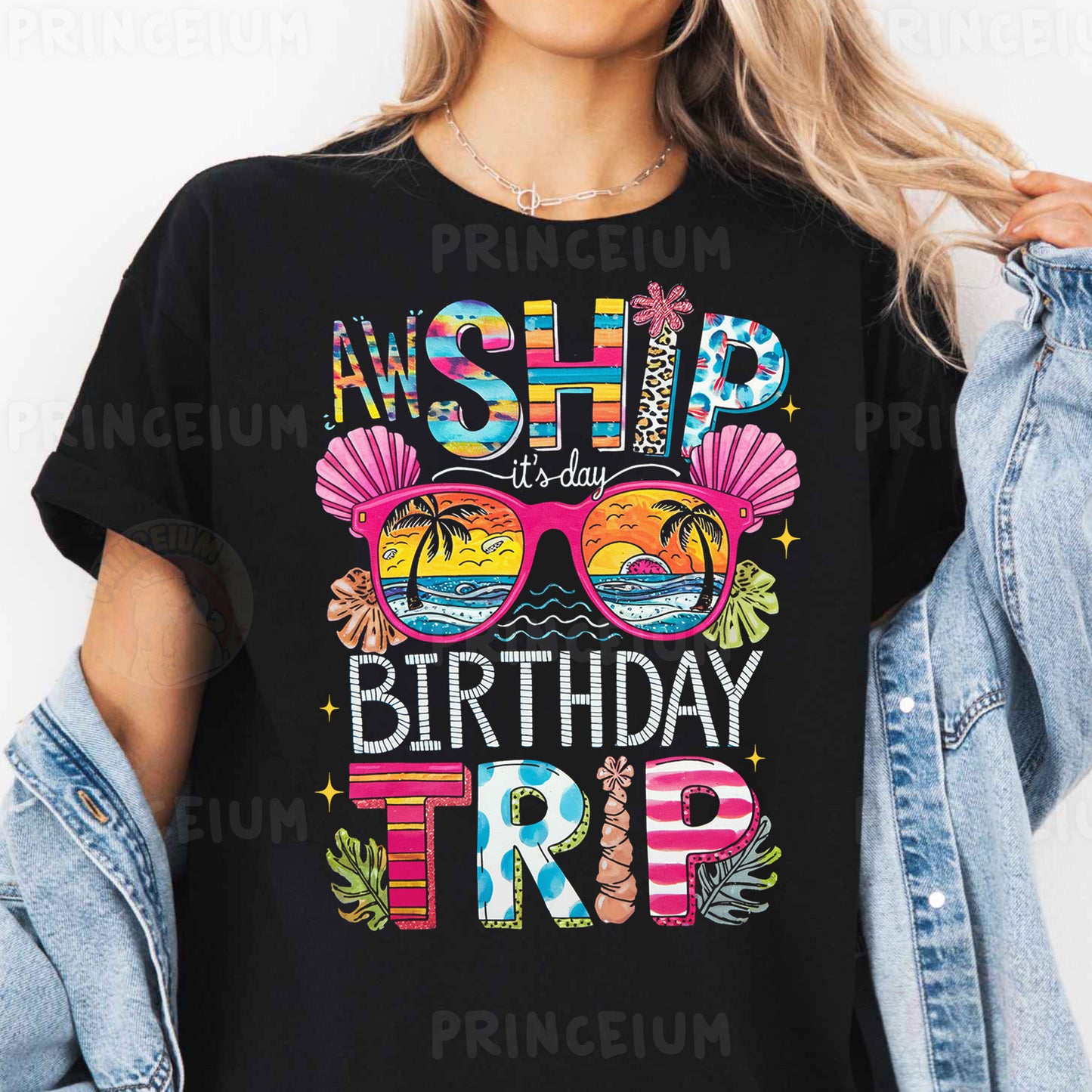 a woman wearing a black shirt that says happy birthday trip