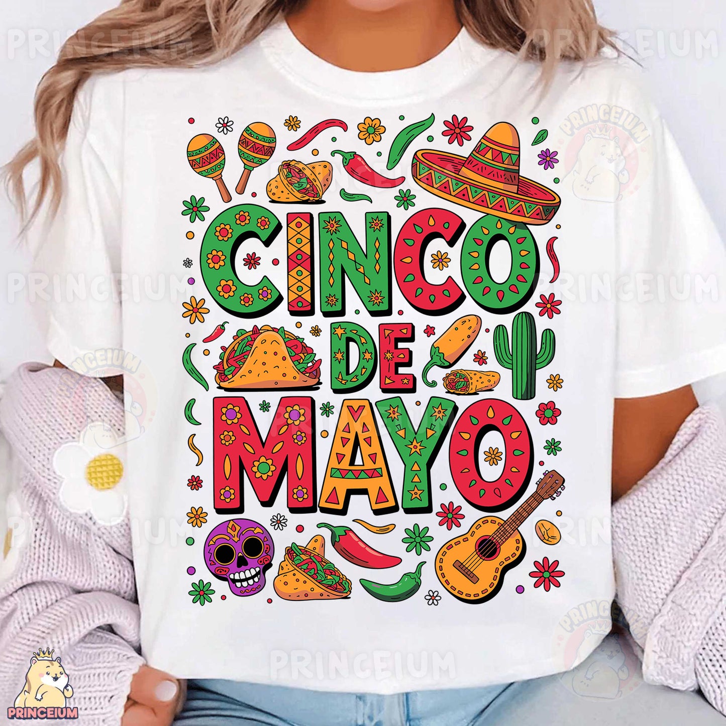 a woman wearing a white cinco de mayo t - shirt