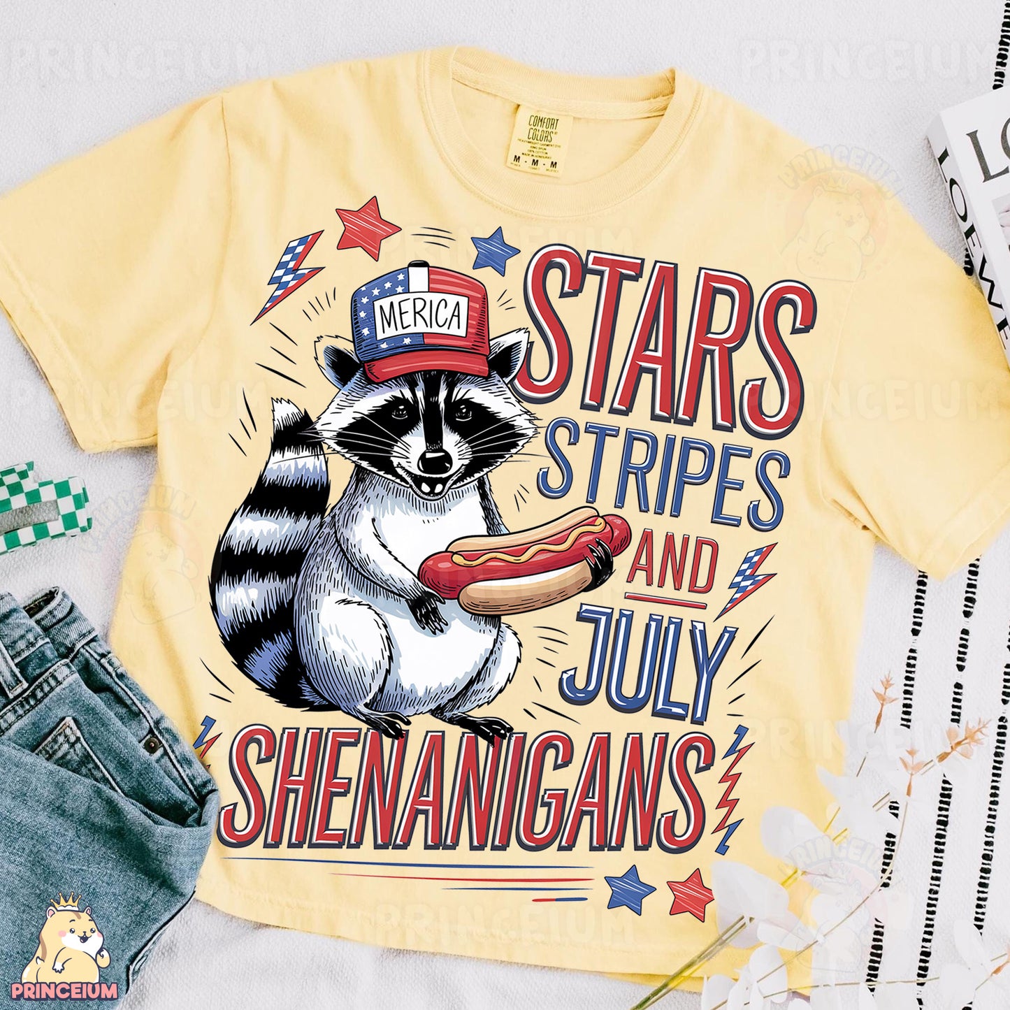 a t - shirt with a raccoon eating a hot dog