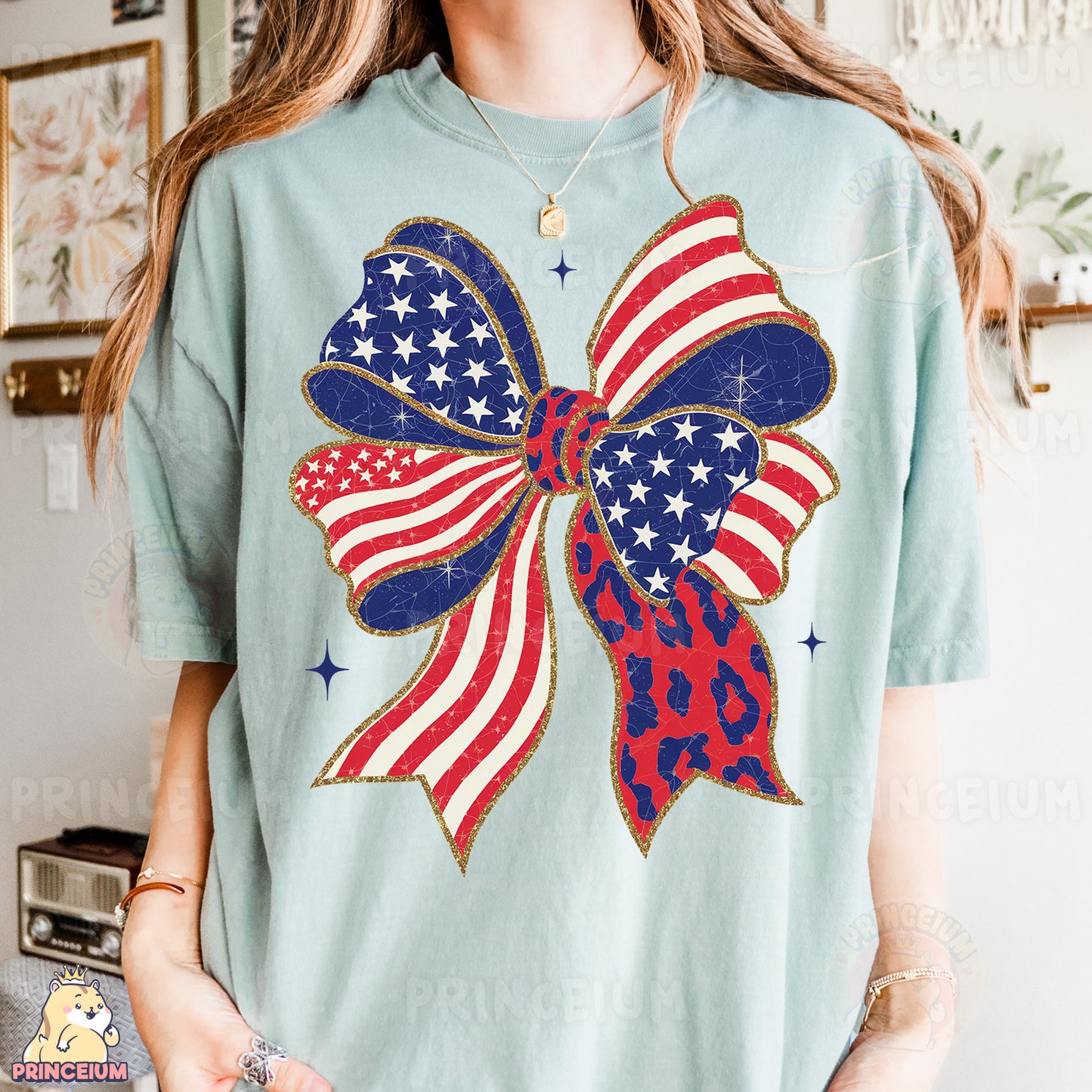 a woman wearing a t - shirt with a bow on it