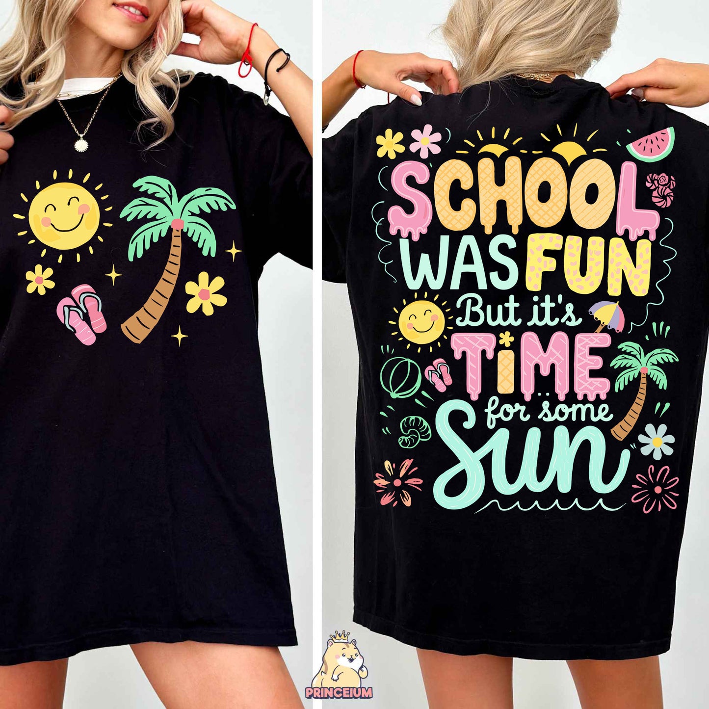 a woman wearing a black shirt that says school was fun but it's time
