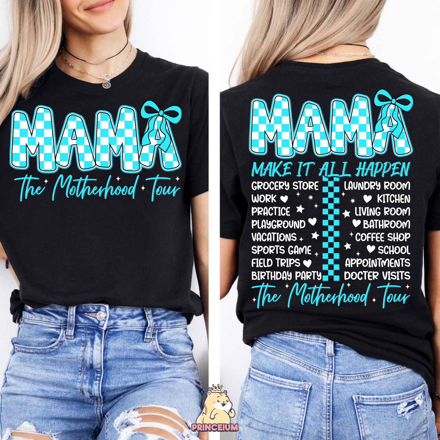 a woman wearing a t - shirt that says mama the motherhood tour