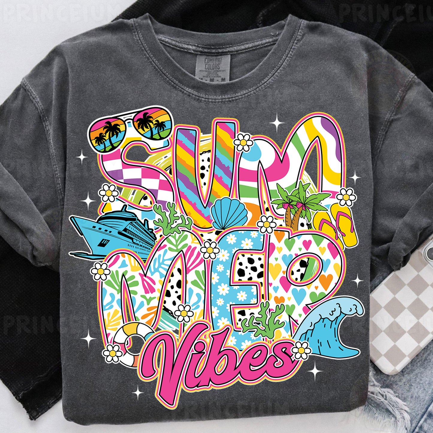 a t - shirt with the words summer vibes on it