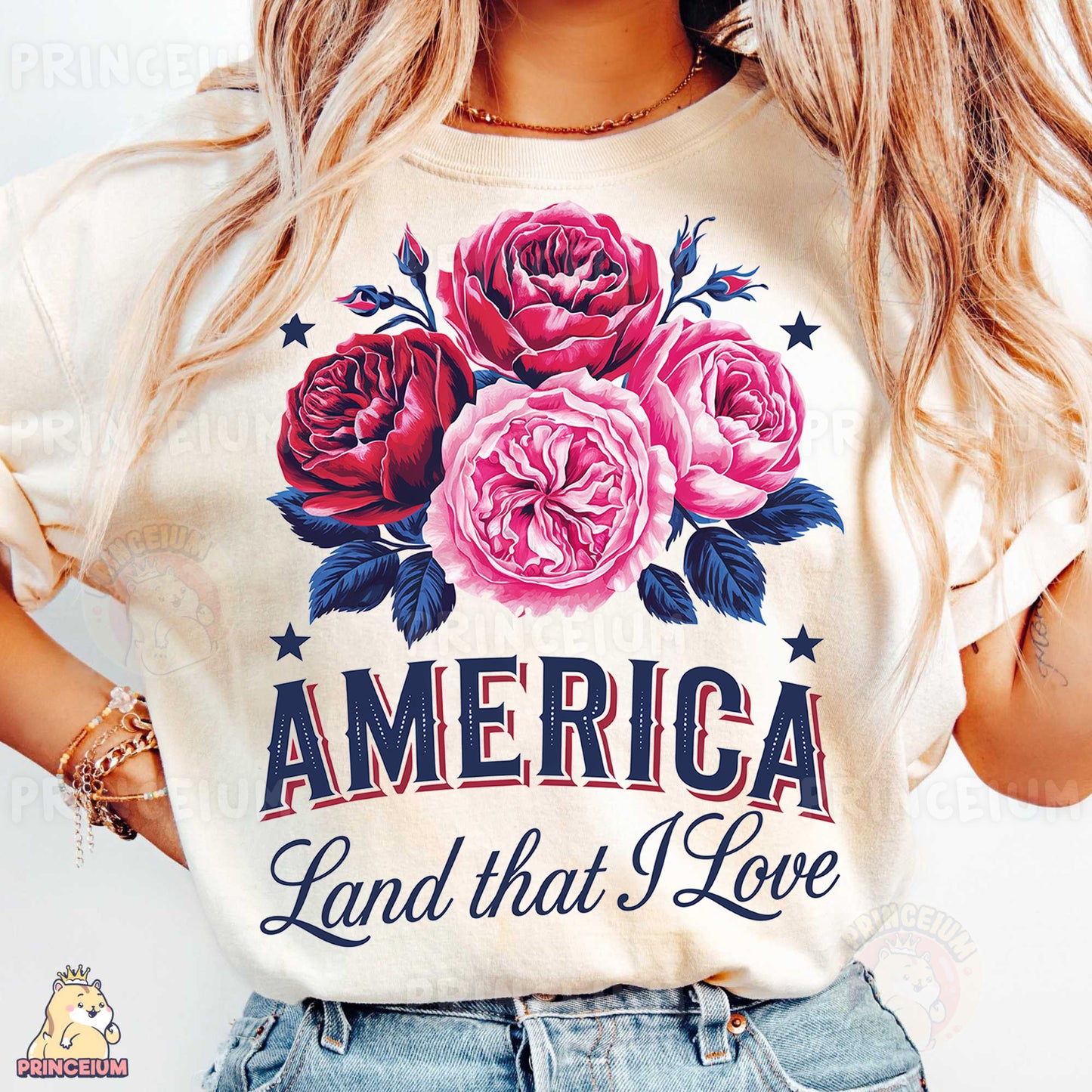 a woman wearing a america land that i love t - shirt