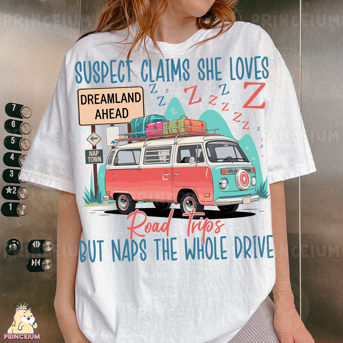a woman wearing a t - shirt with a vw bus graphic