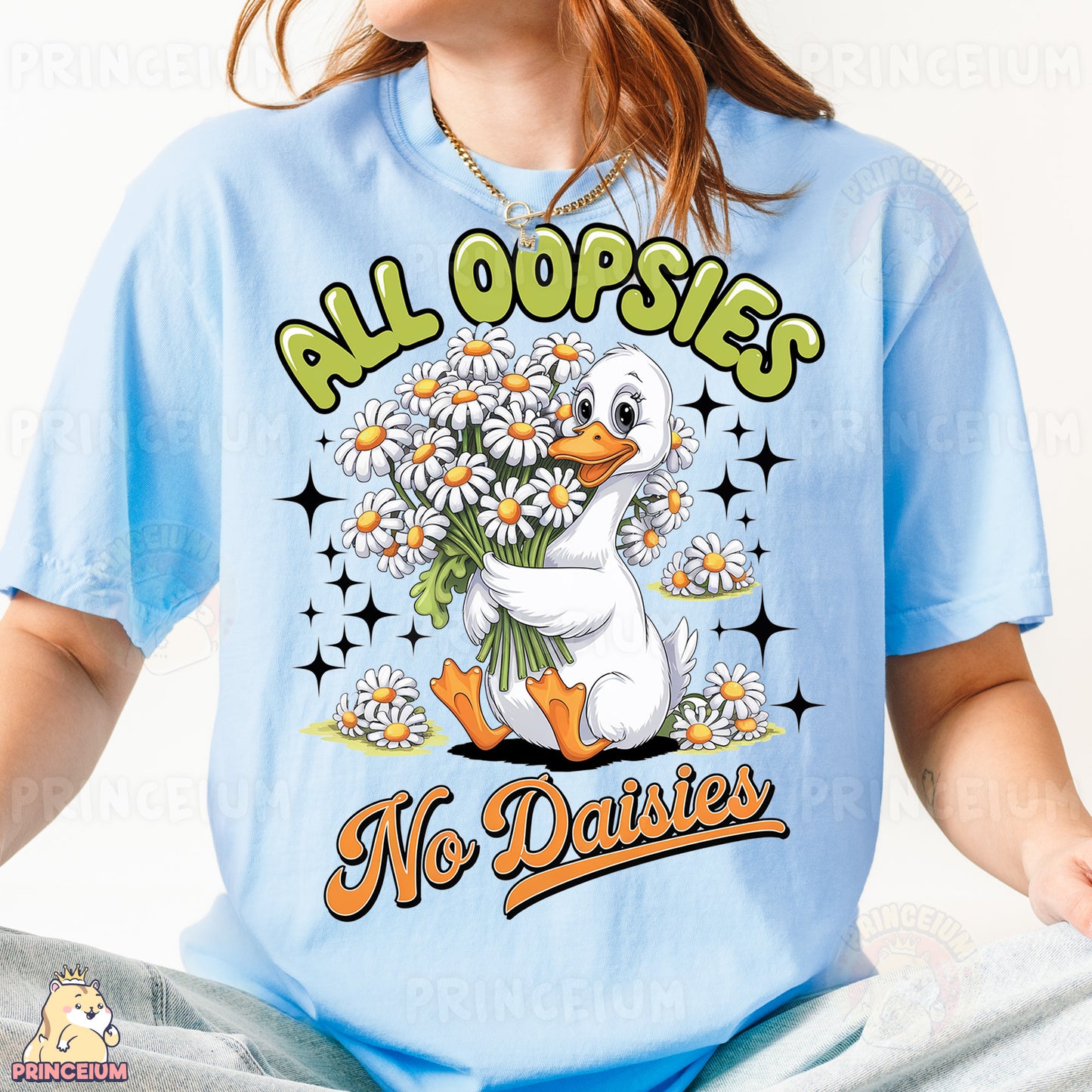 a woman wearing a blue shirt with a duck holding a bouquet of daisies
