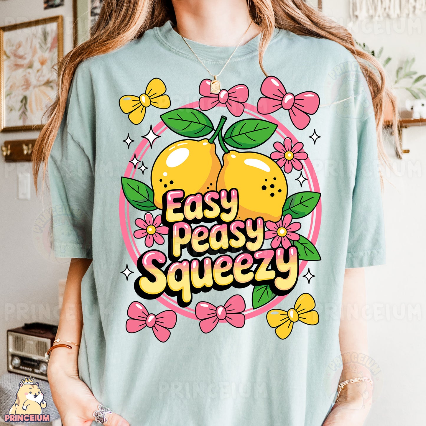 a woman wearing a t - shirt that says easy peasy squeezey