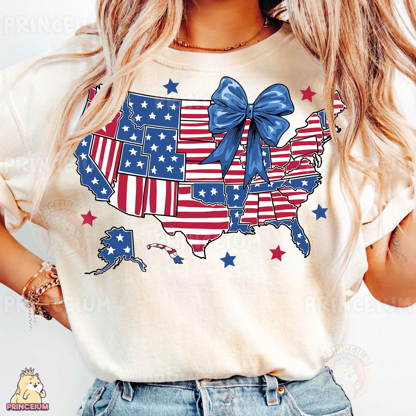a woman wearing a patriotic usa t - shirt