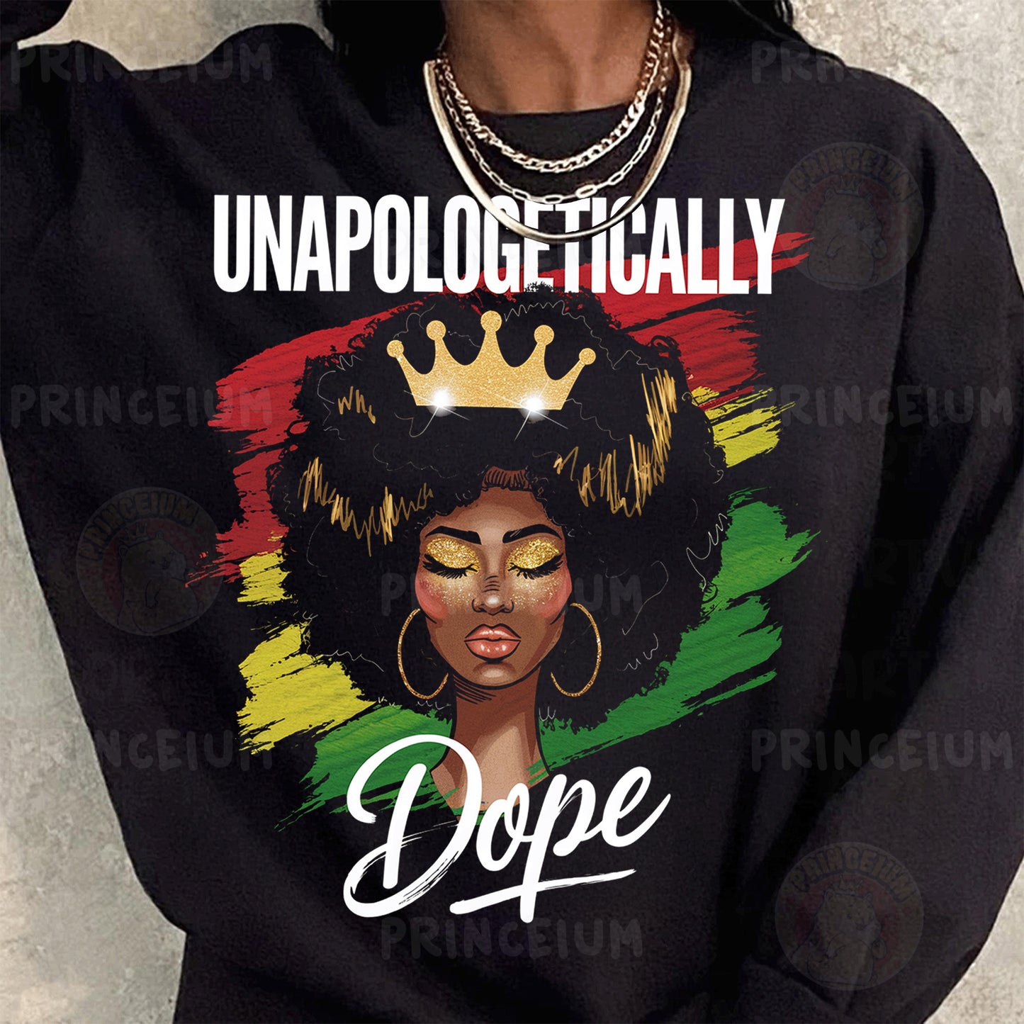 a woman wearing a black sweatshirt with a crown on her head
