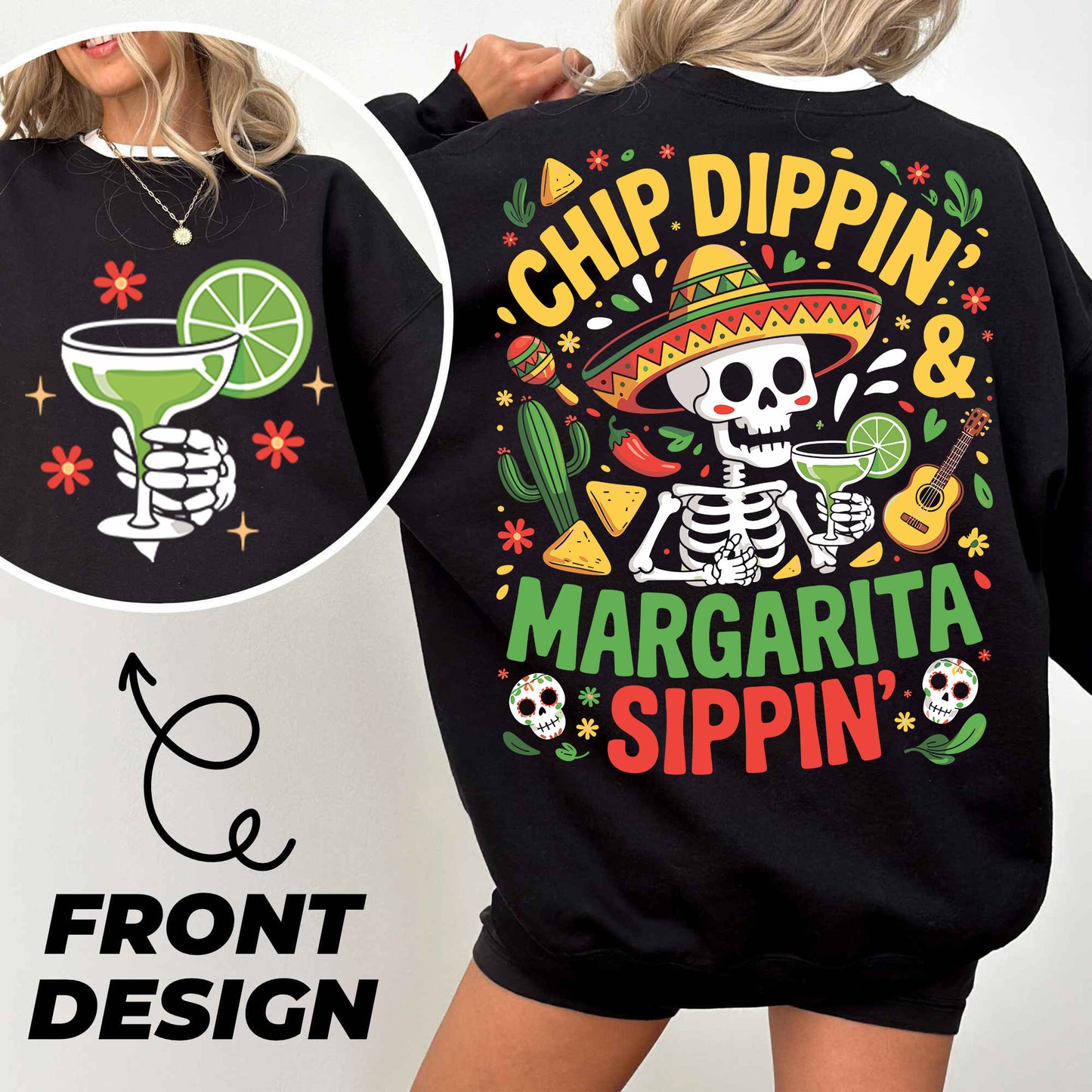 a woman wearing a black sweatshirt with a skeleton wearing a sombrero and a