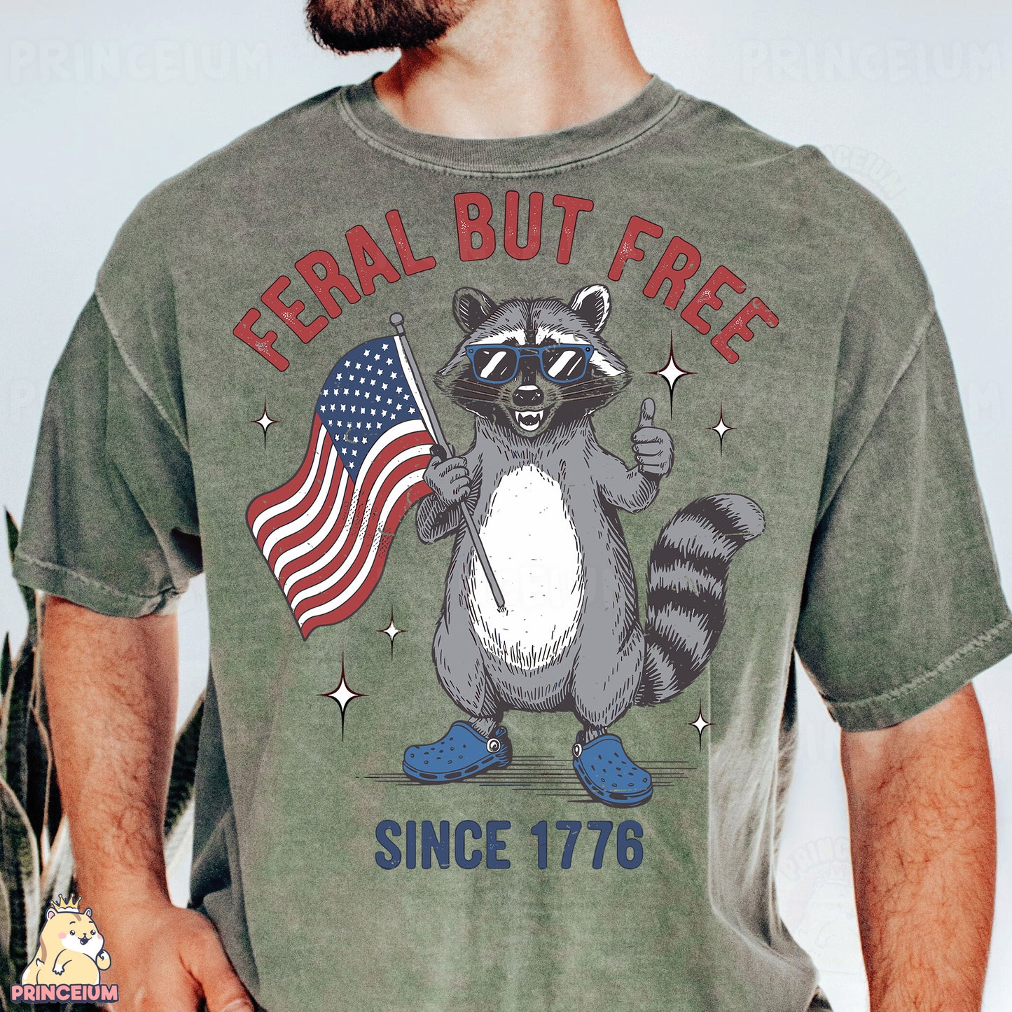 a man wearing a t - shirt with a raccoon holding an american flag