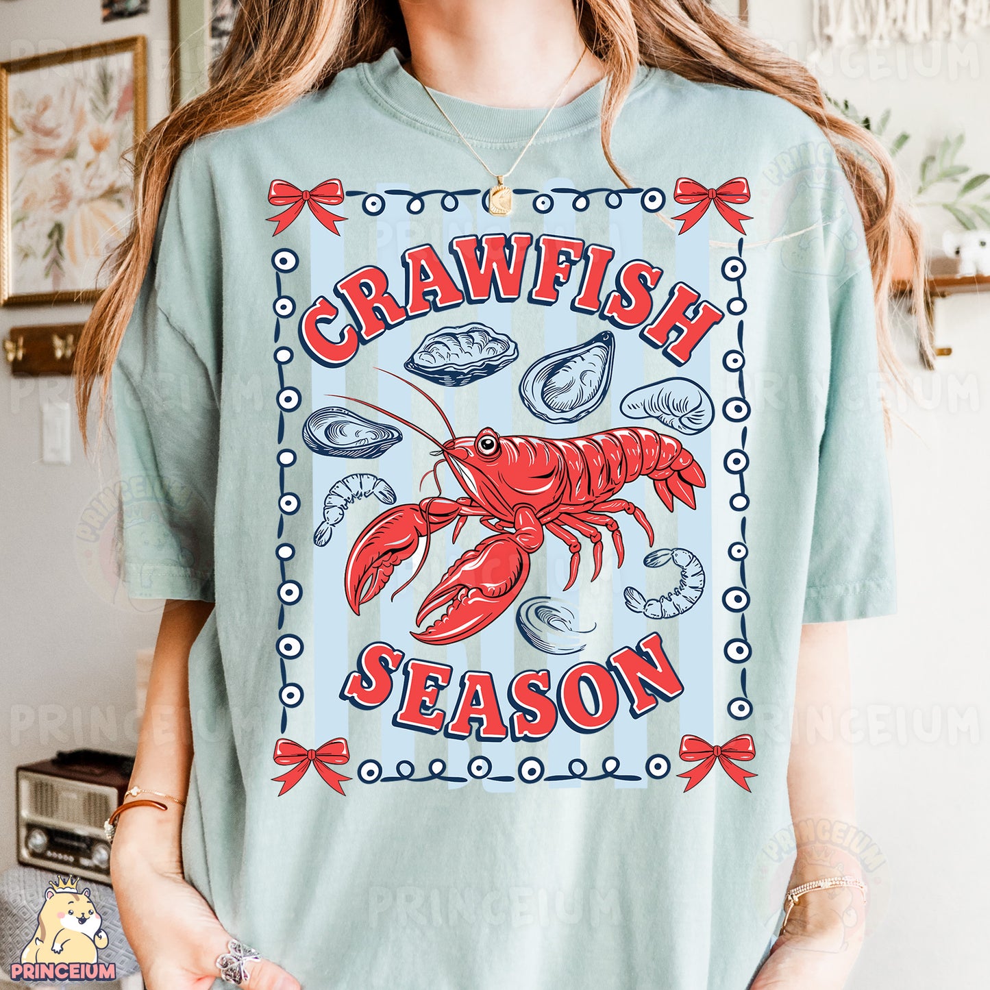 a woman wearing a t - shirt that says crawlfish season