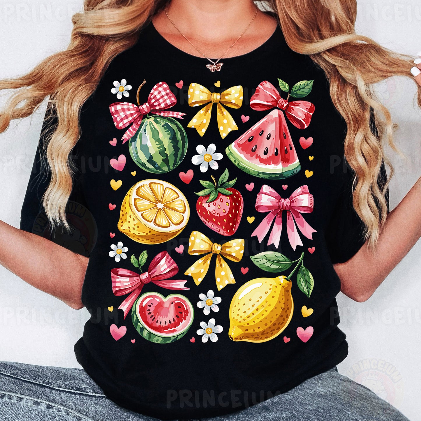 a woman wearing a black shirt with fruit on it