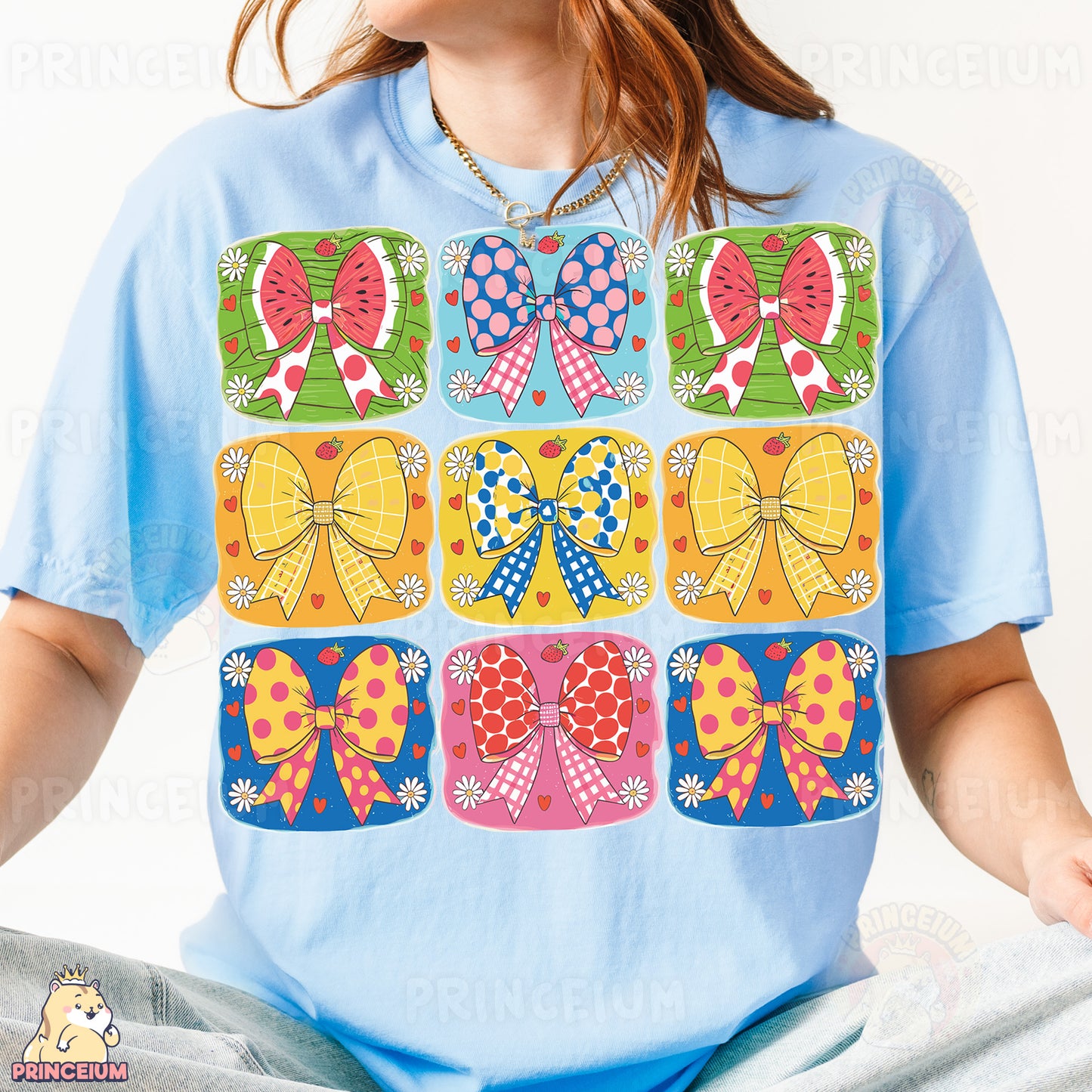 a woman wearing a t - shirt with bows on it