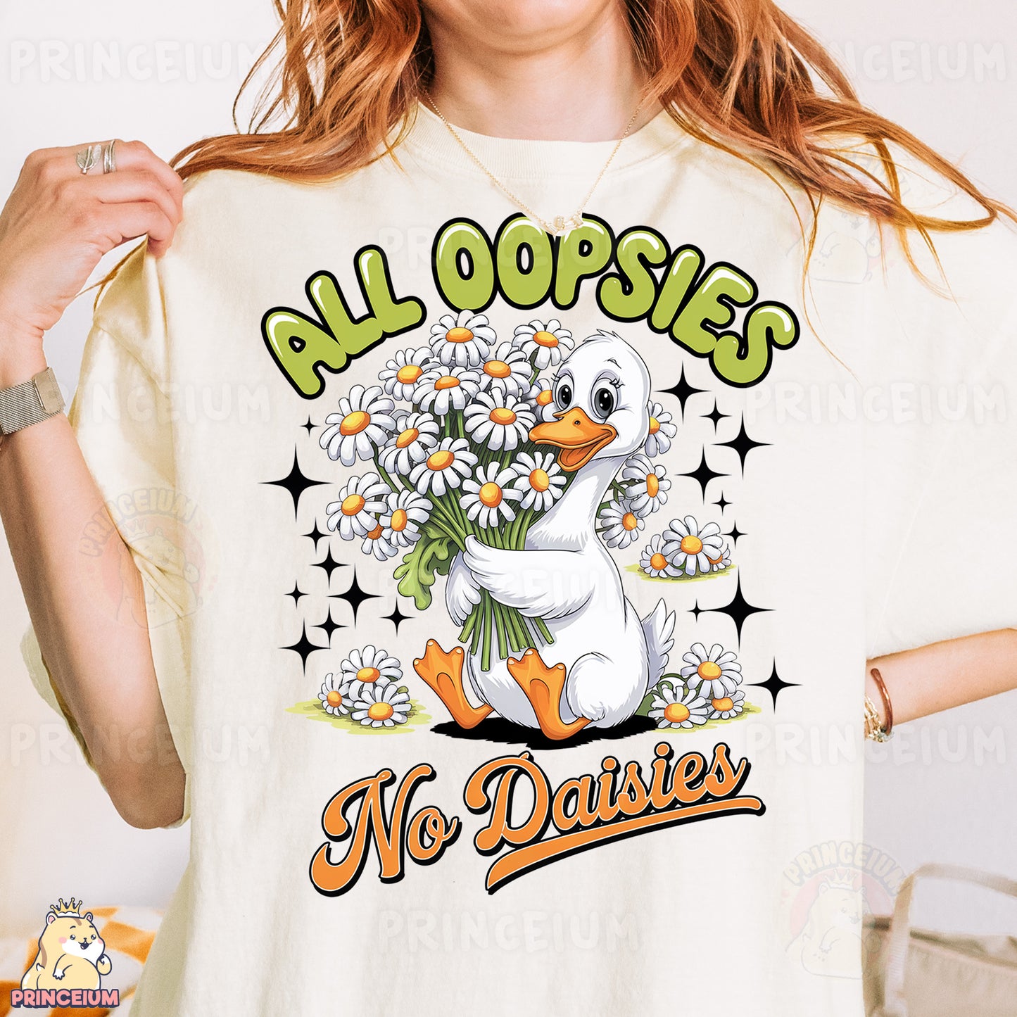 a woman wearing a t - shirt with a duck holding a bouquet of daisies