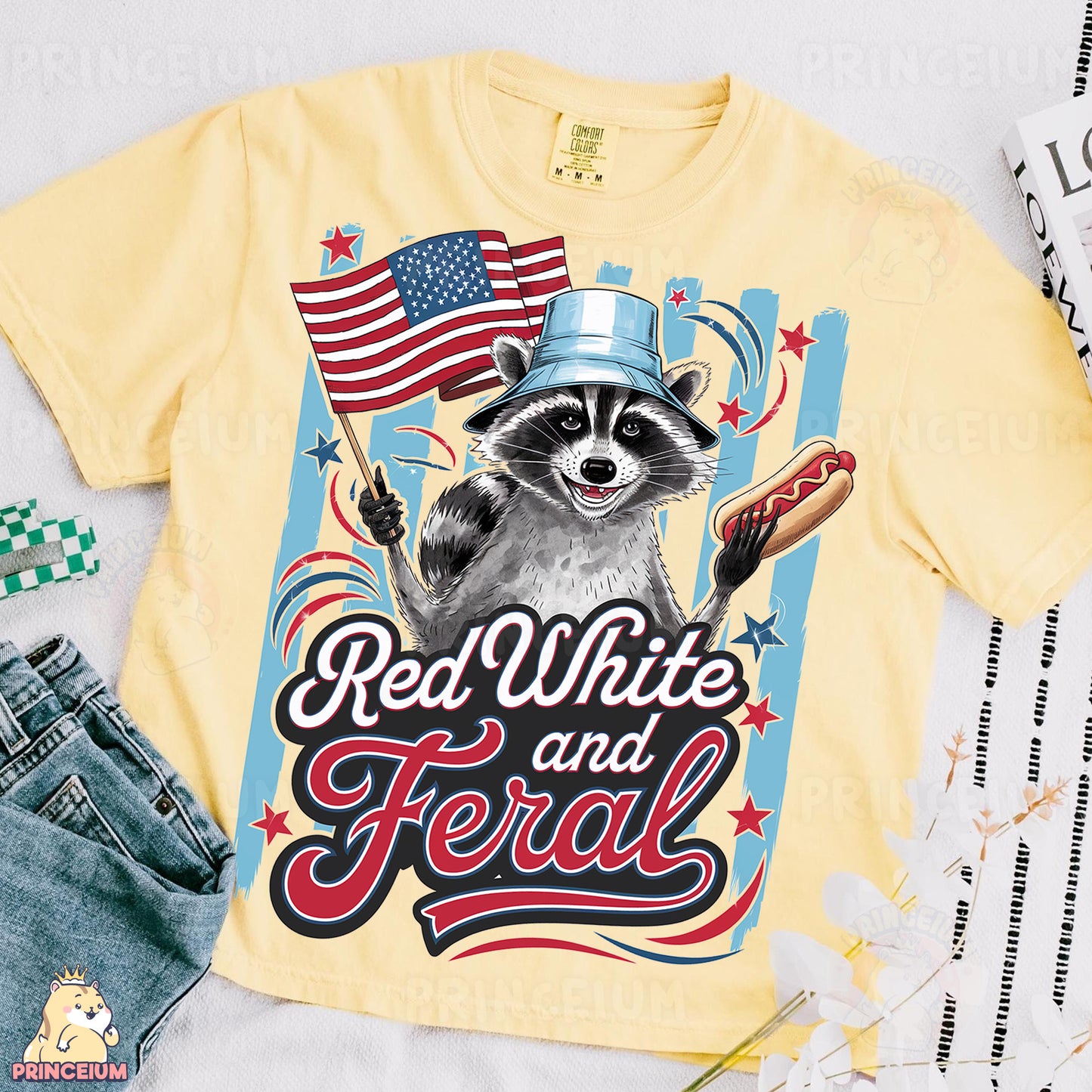 a raccoon wearing a top hat and holding a hot dog