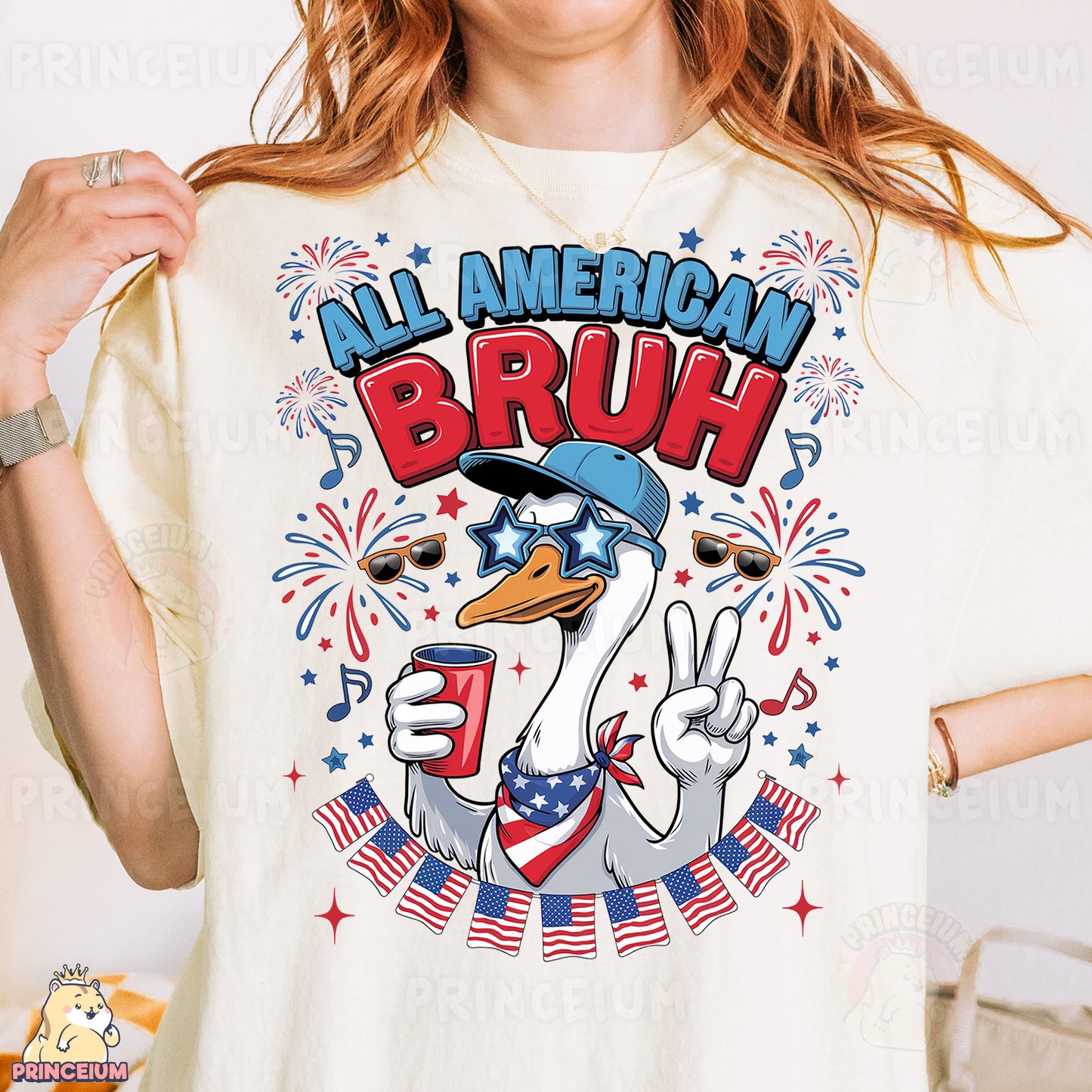 a woman wearing an american bruh t - shirt