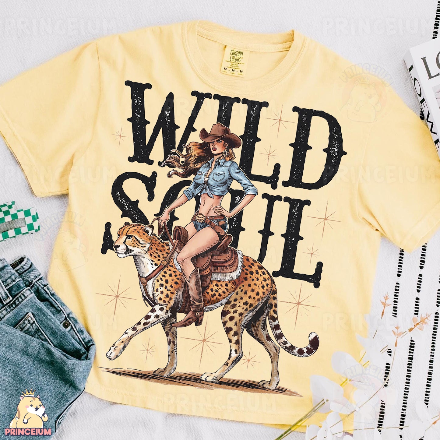 a woman riding on the back of a cheetah wearing a cowboy hat