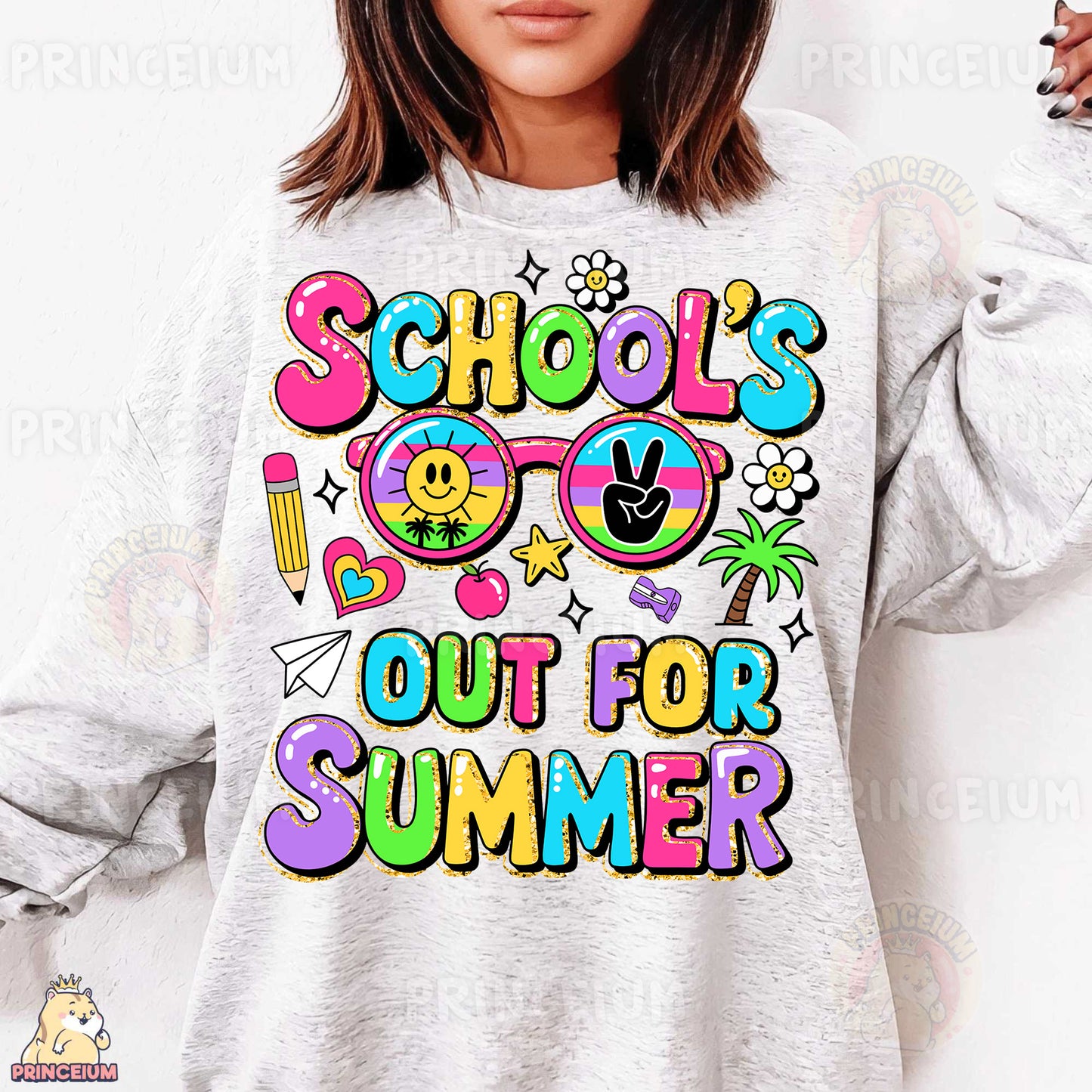 a woman wearing a sweatshirt that says school's out for summer