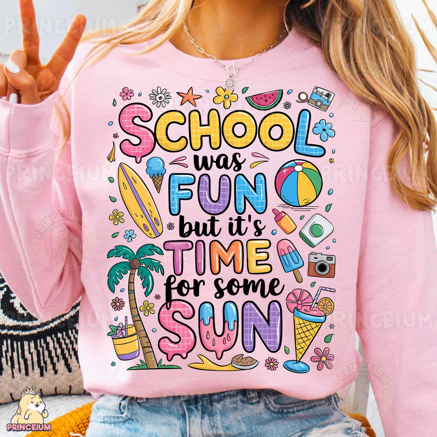 a woman wearing a pink shirt that says school was fun but it's time