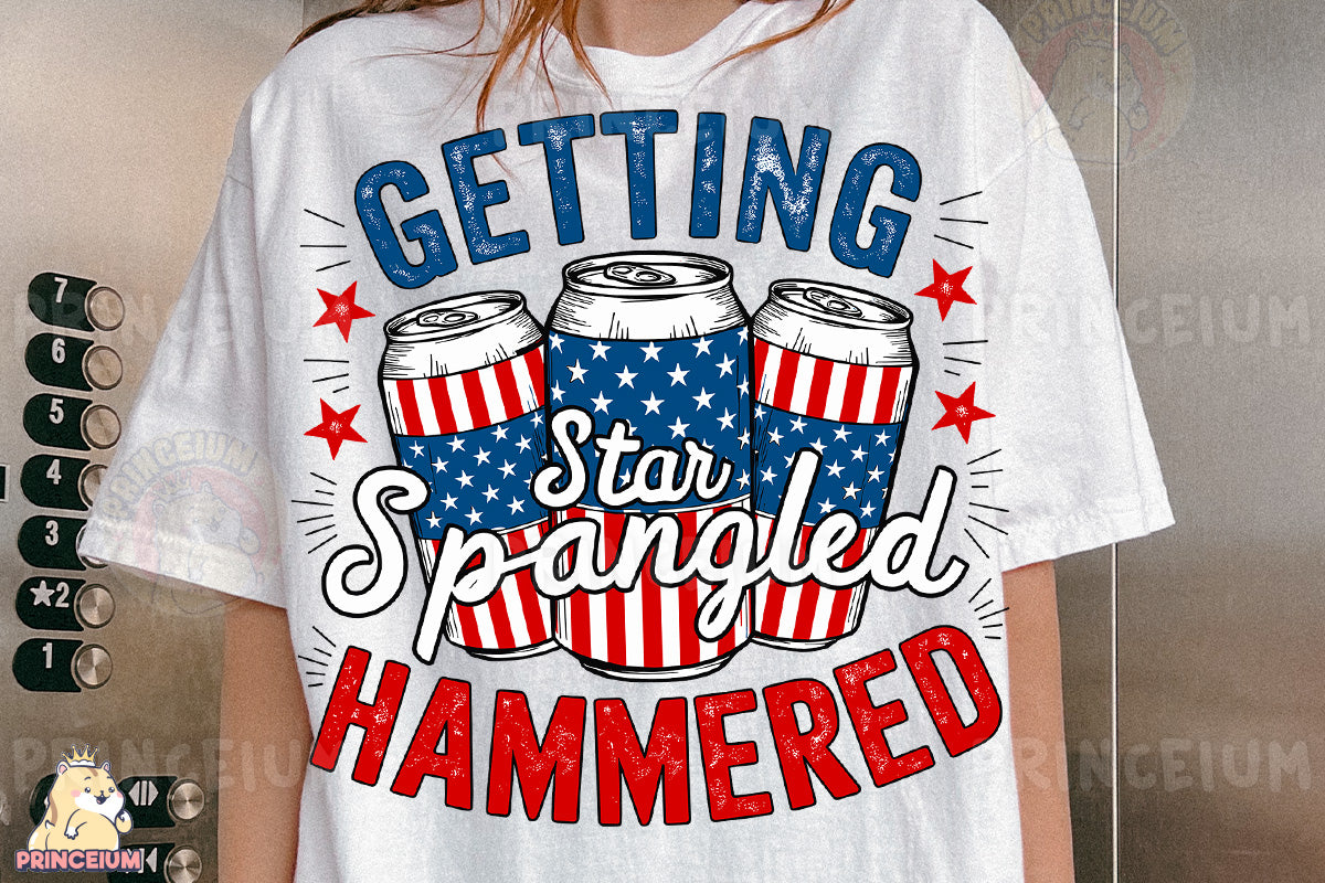 a woman wearing a t - shirt that says getting star - spangled hammered