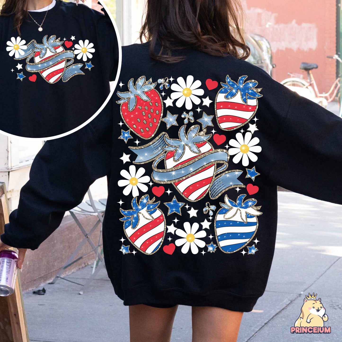 a woman walking down a street wearing a black sweatshirt