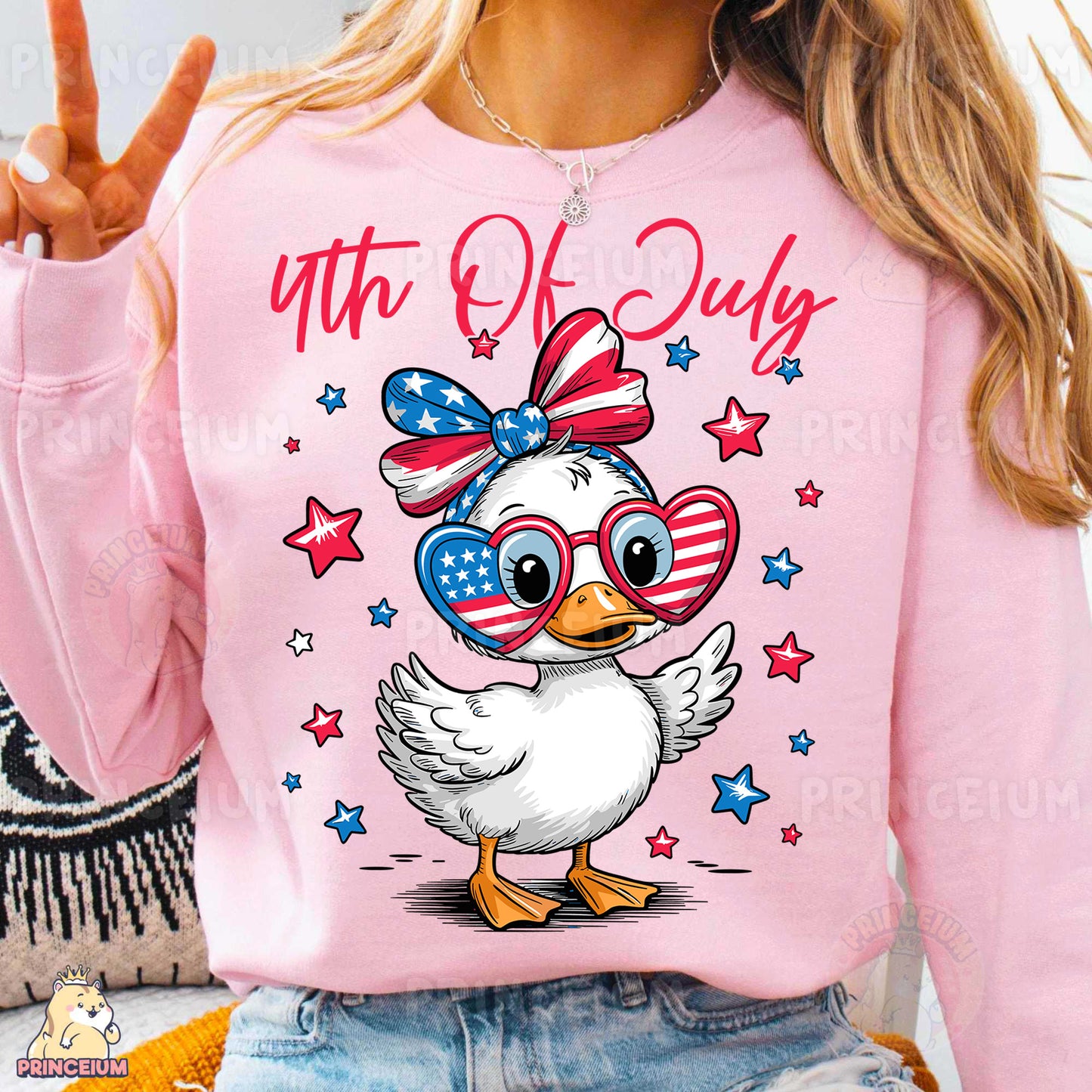 a woman wearing a pink shirt with a duck wearing sunglasses