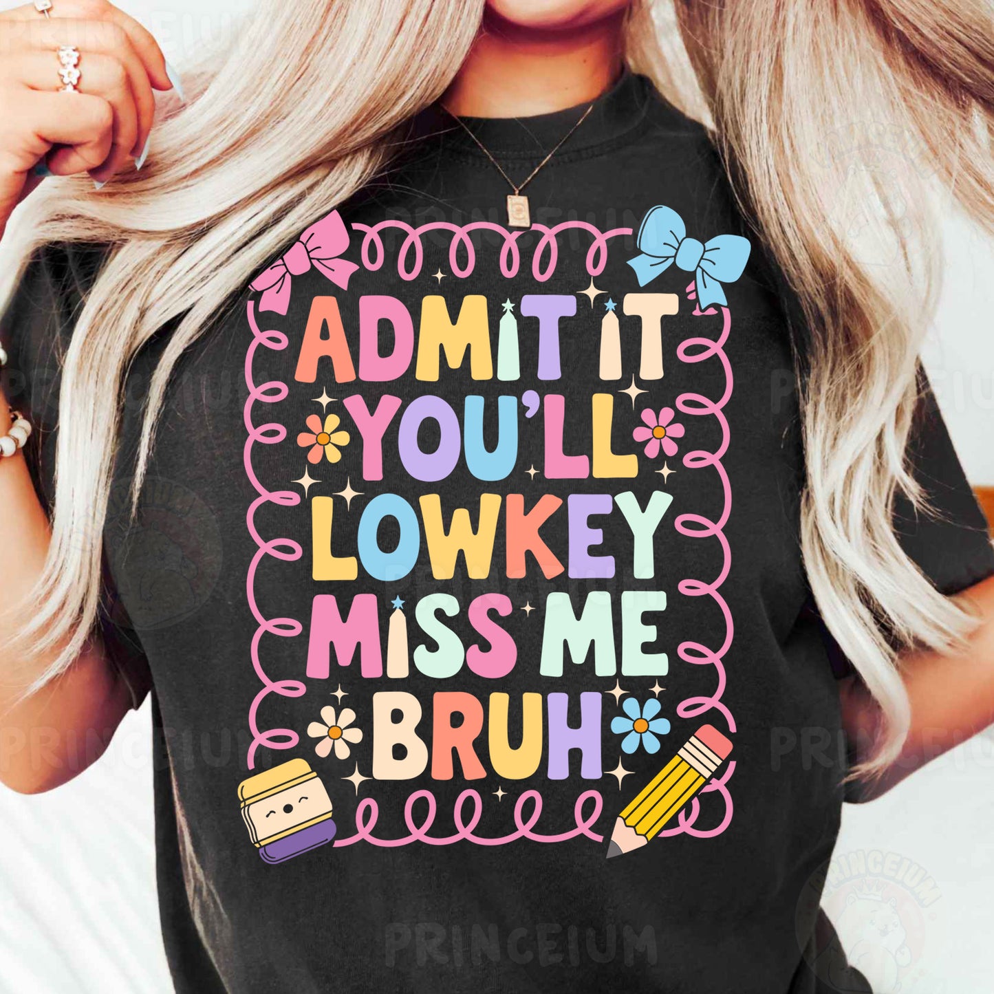 a woman wearing a black t - shirt that says admit it you'll '