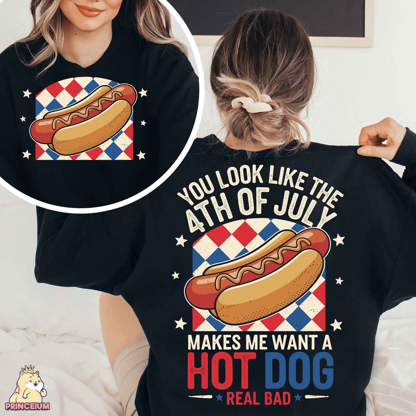 a woman wearing a black shirt with a hot dog on it