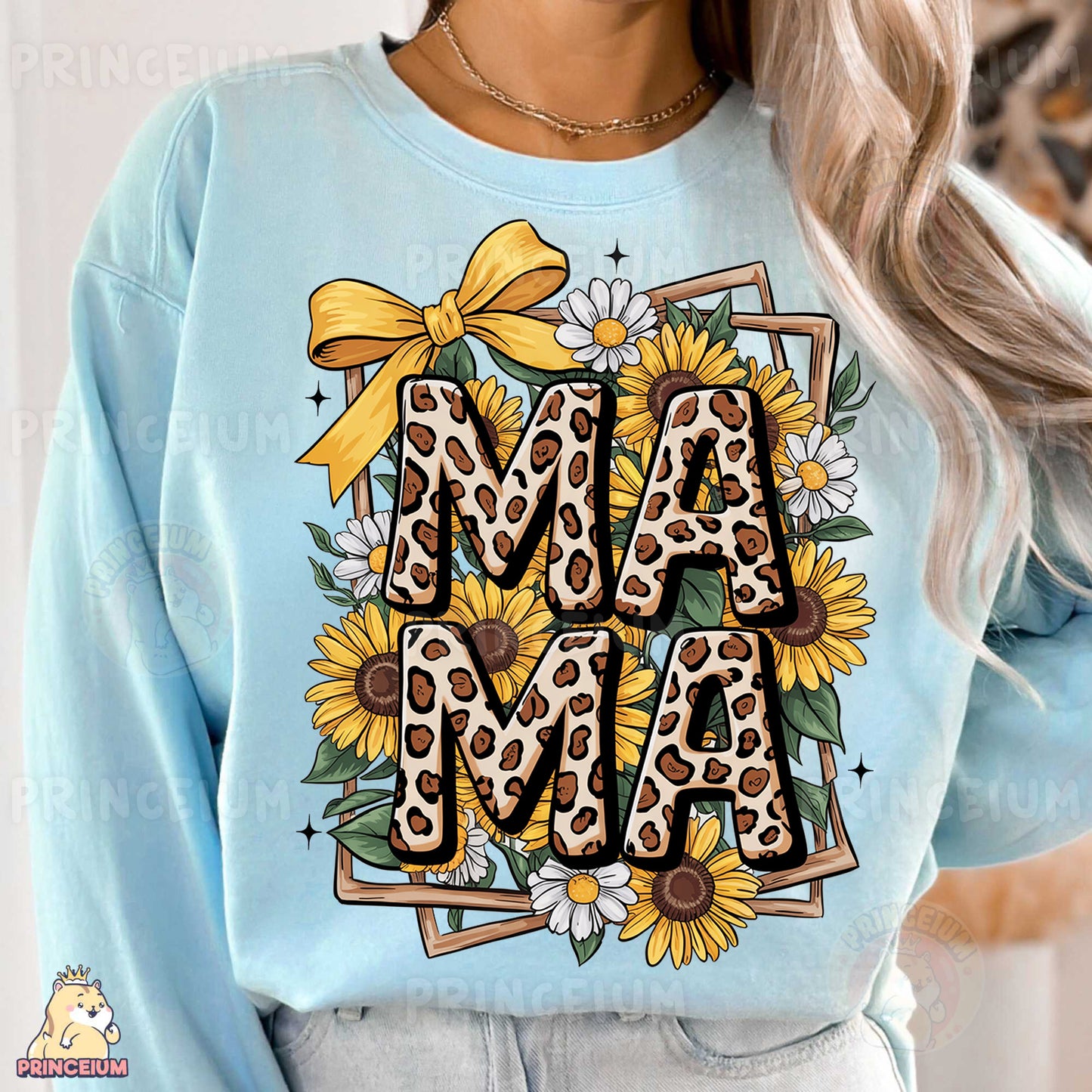 a woman wearing a blue sweatshirt with the word ma ma on it