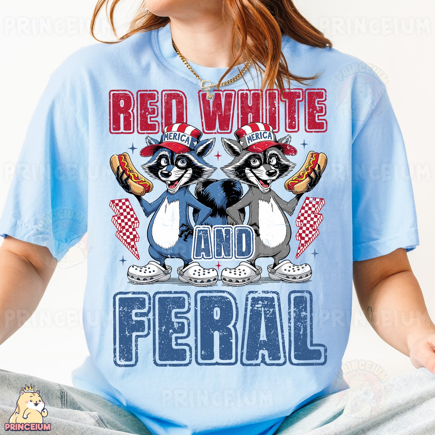 a woman wearing a red white and blue shirt