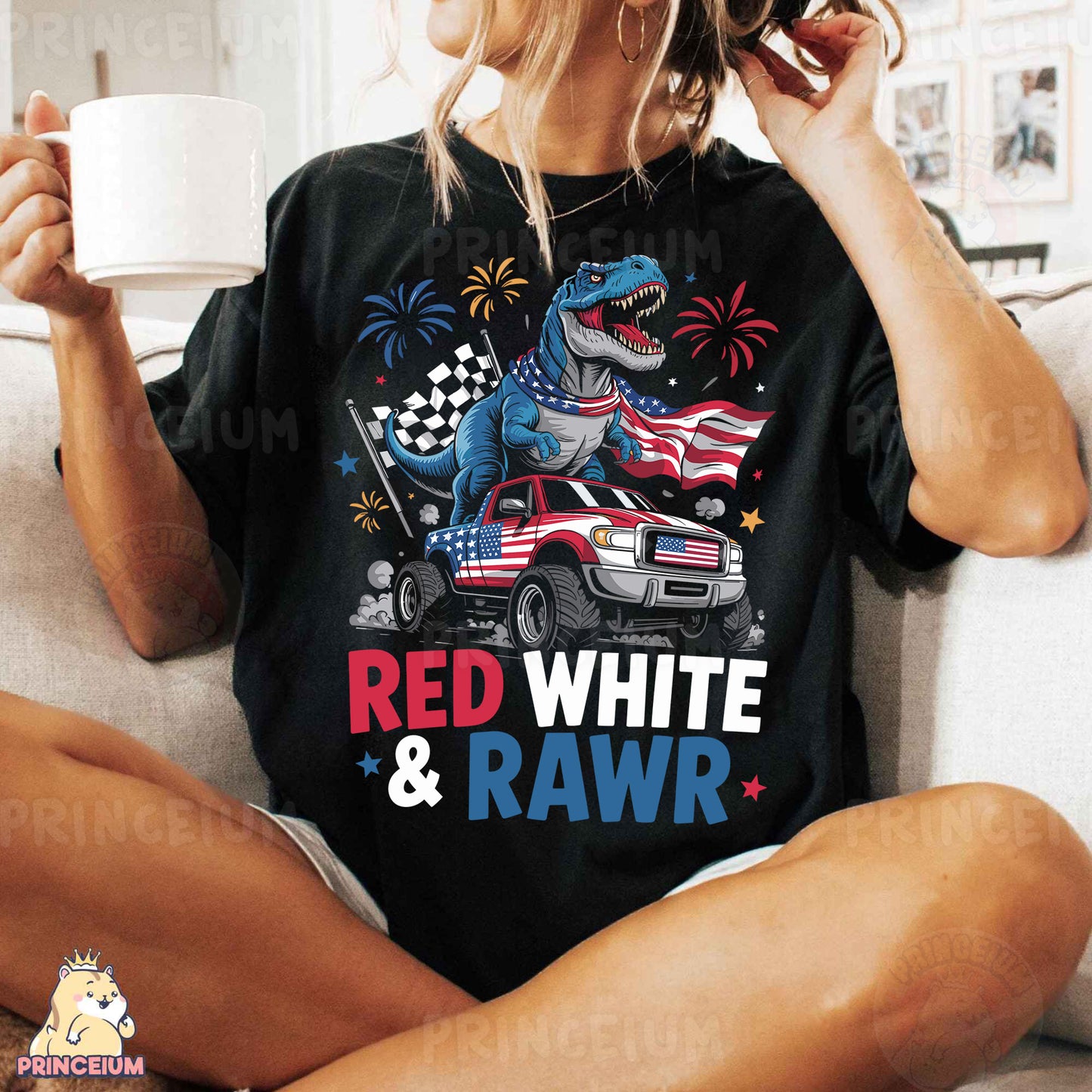a woman sitting on a couch holding a coffee mug