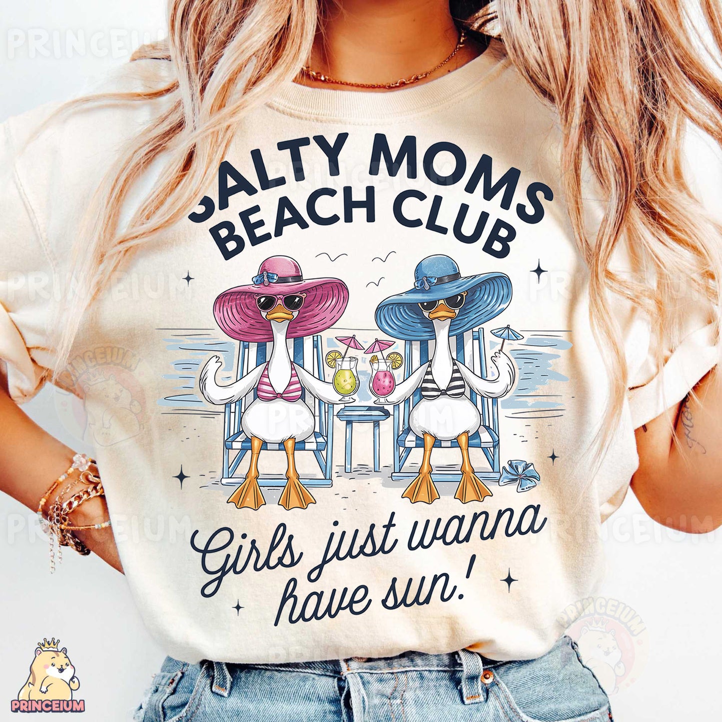 a woman wearing a t - shirt that says salty moms beach club