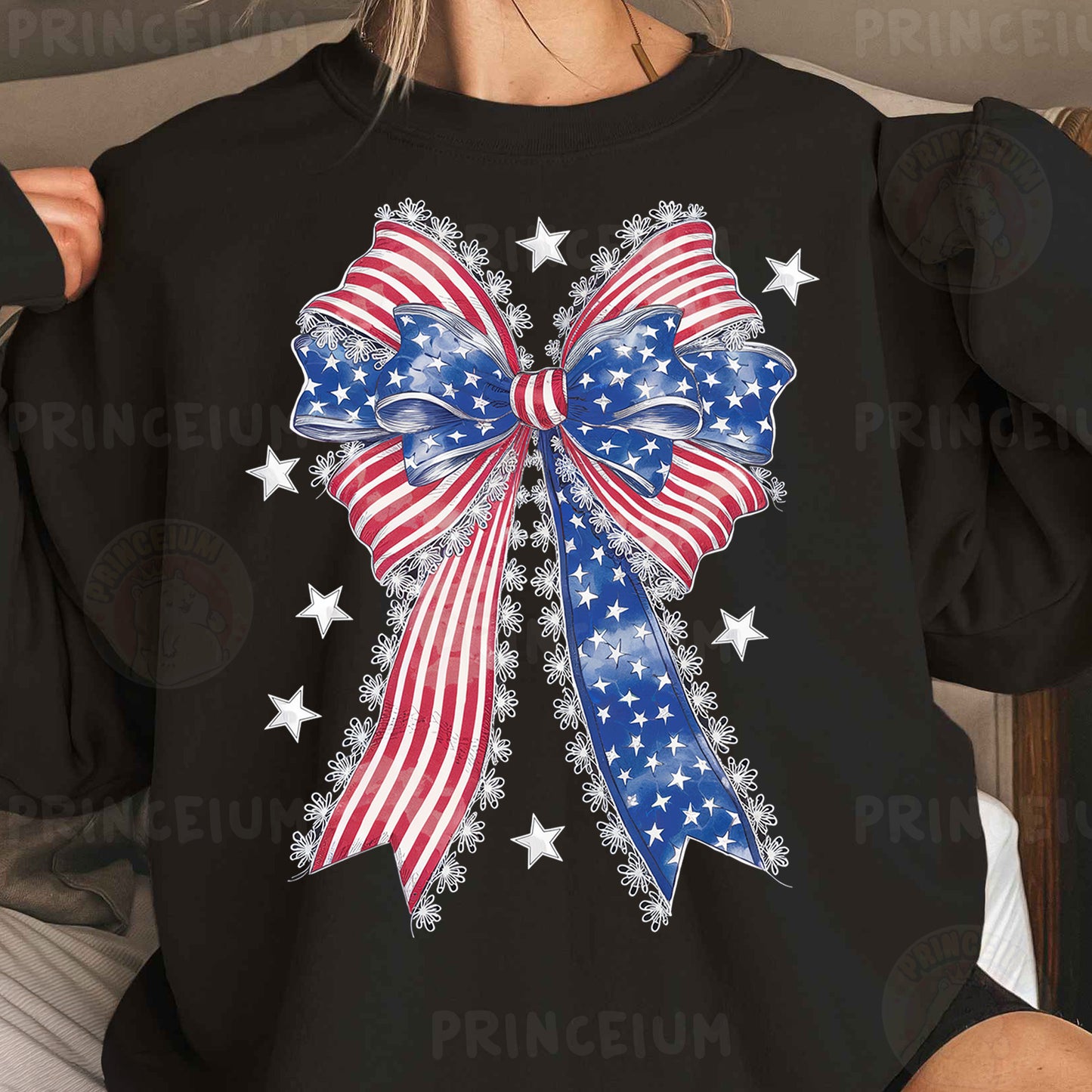a woman wearing a black shirt with an american flag bow on it