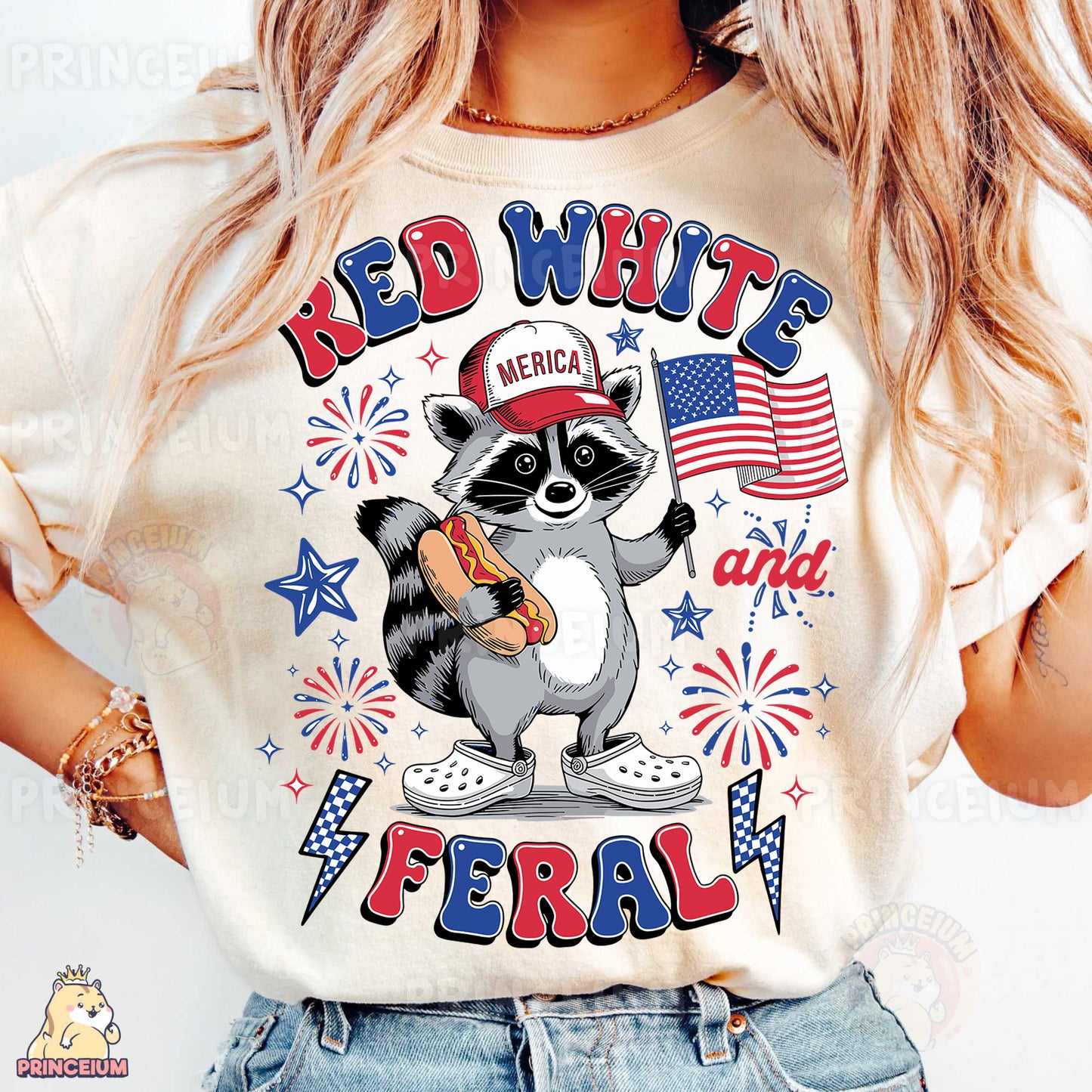 a woman wearing a red white and blue shirt
