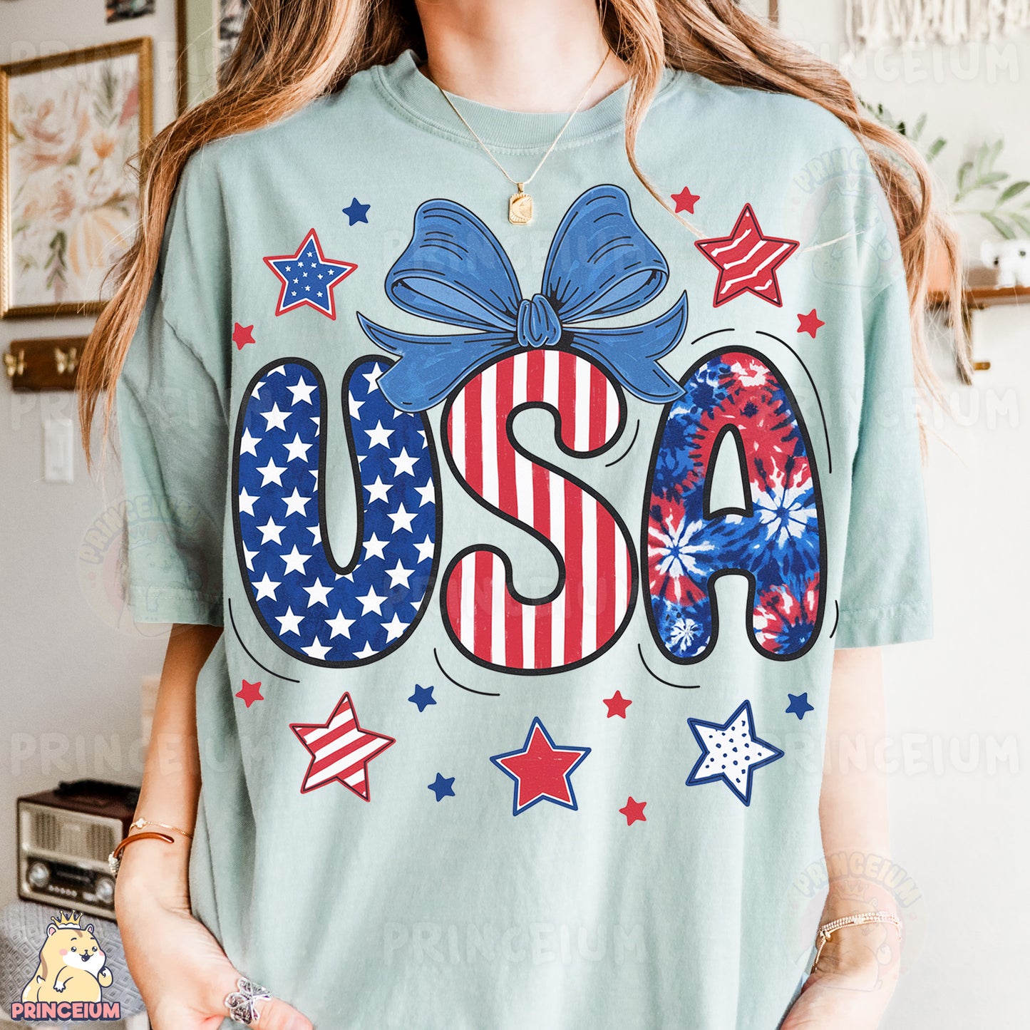 a woman wearing a usa t - shirt with stars and a bow