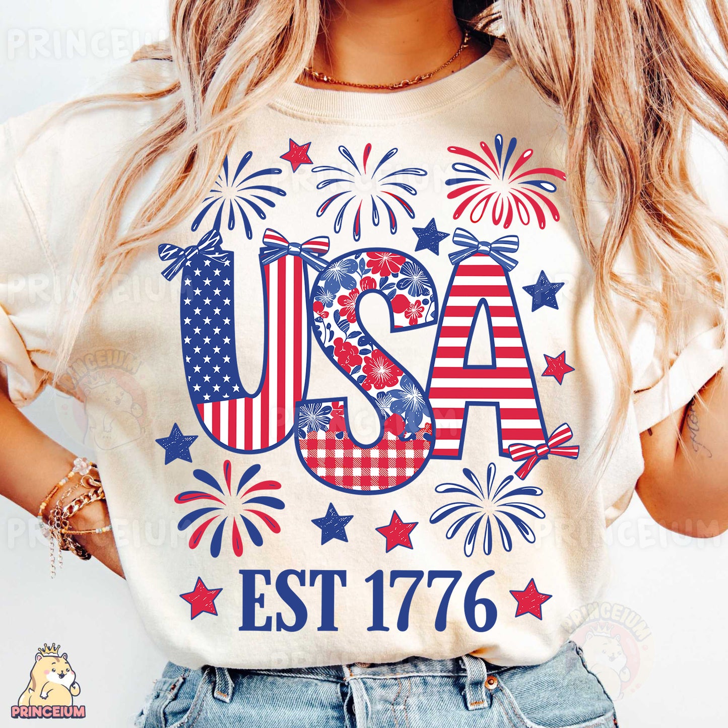 a woman wearing a usa t - shirt with fireworks