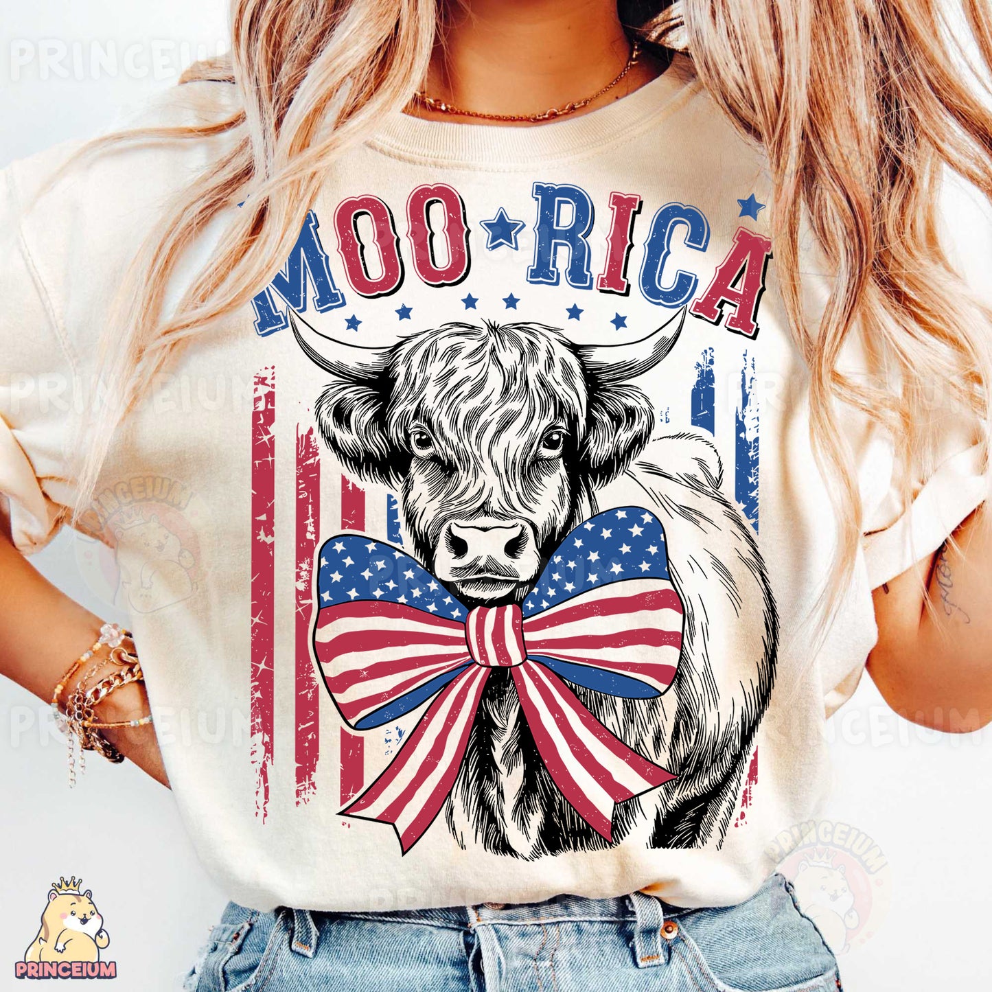 a woman wearing a shirt with a cow wearing a bow tie