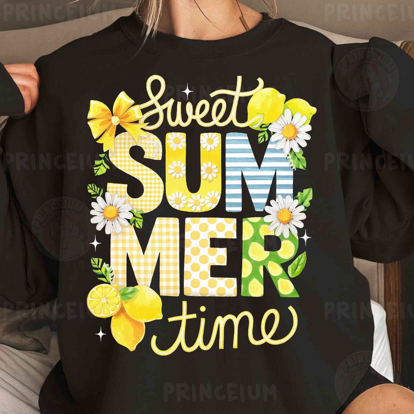 a woman wearing a black shirt that says sweet summer time