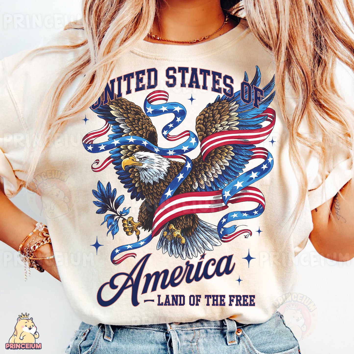 a woman wearing a united states of america t - shirt