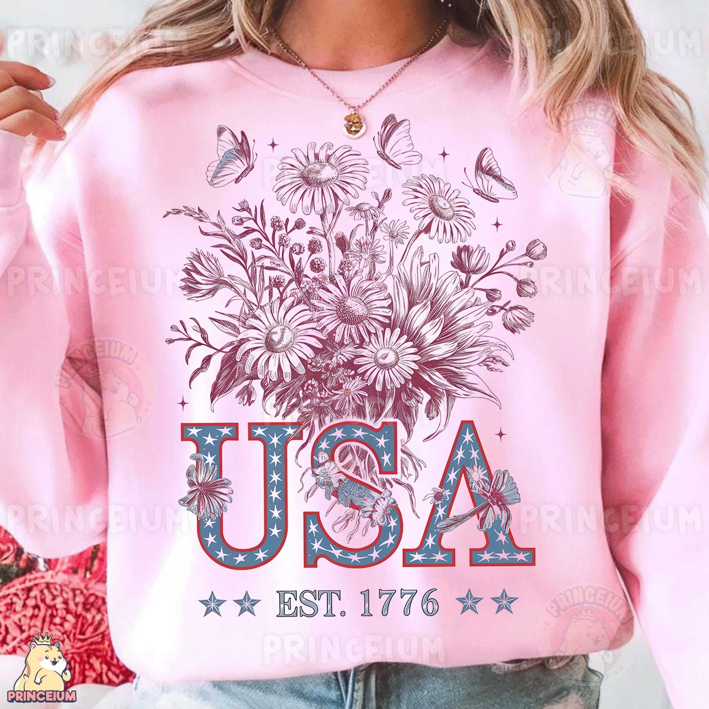 a woman wearing a pink usa sweatshirt with flowers on it