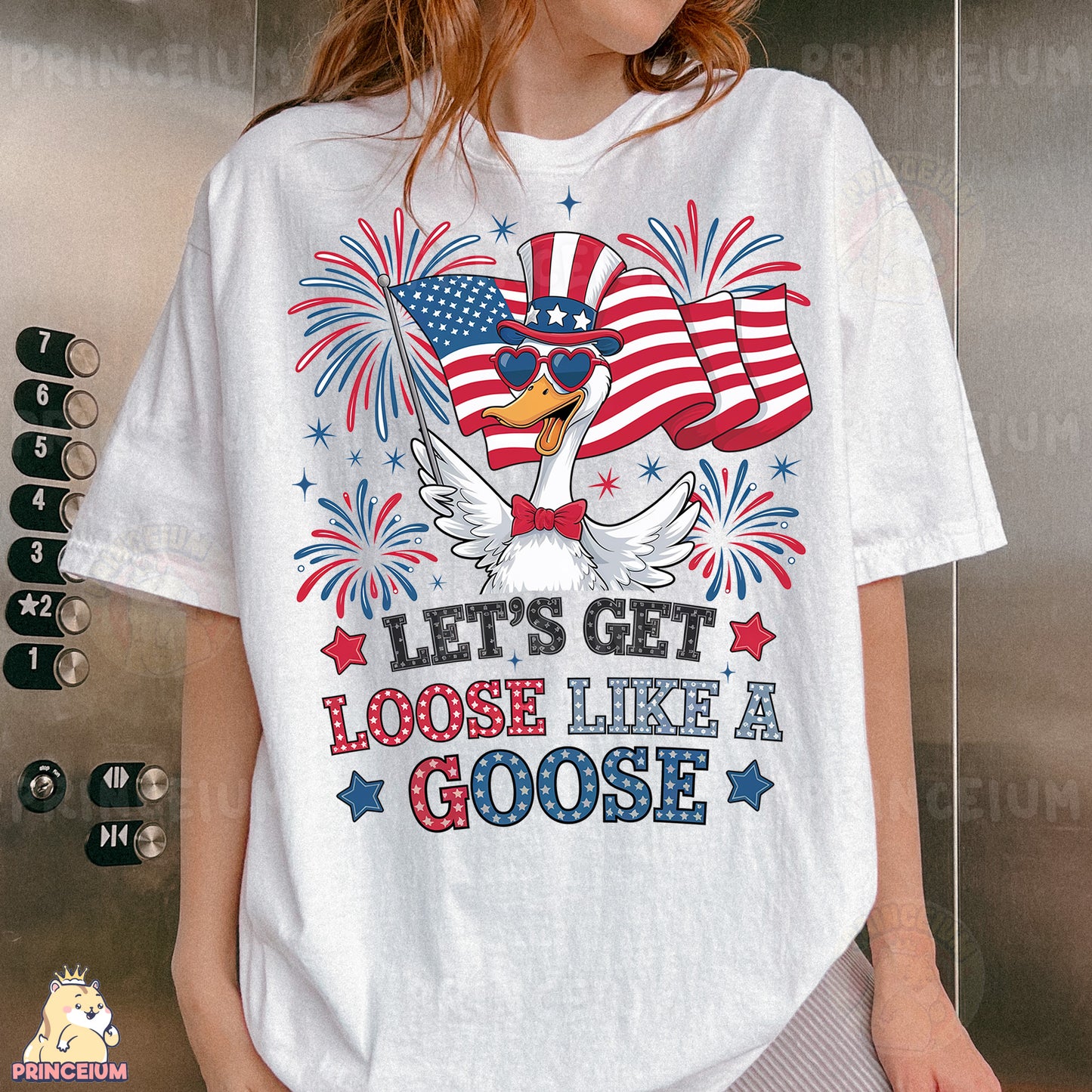 a woman wearing a patriotic t - shirt that says let's get loose like