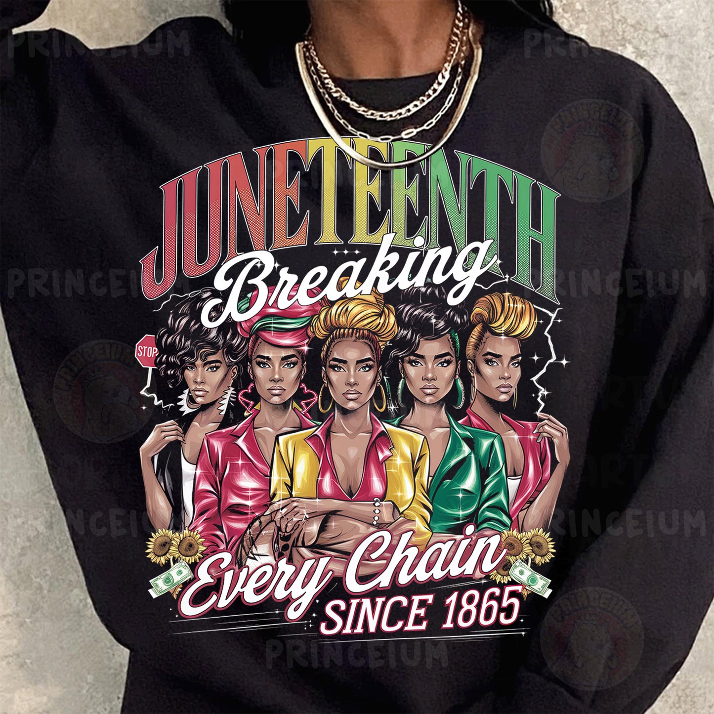 a woman wearing a black sweatshirt with the words juneteeth breaking every chain since
