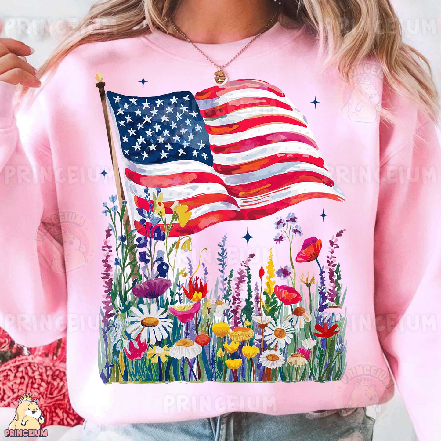 a woman wearing a pink sweatshirt with an american flag on it