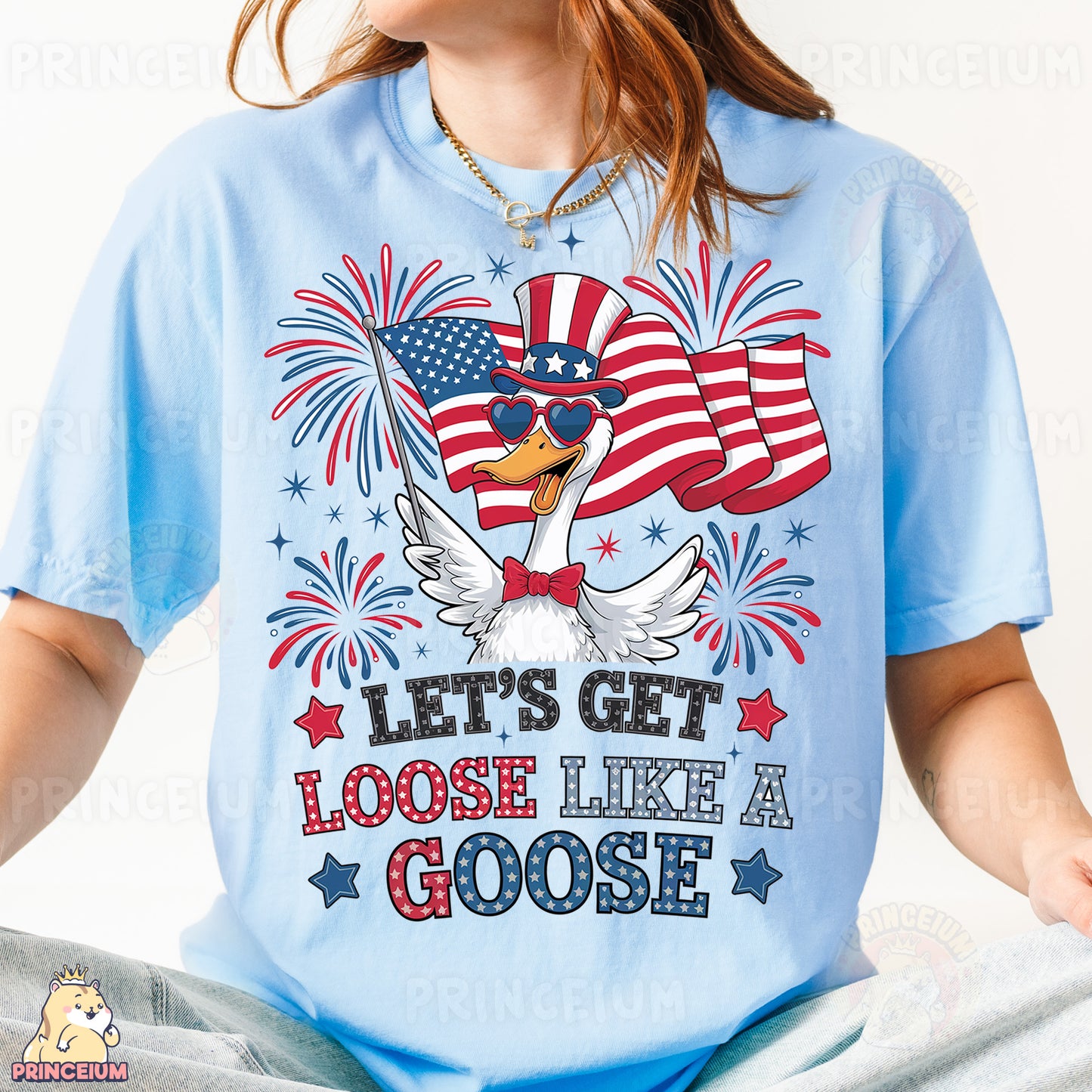 a woman wearing a blue shirt with an american flag on it
