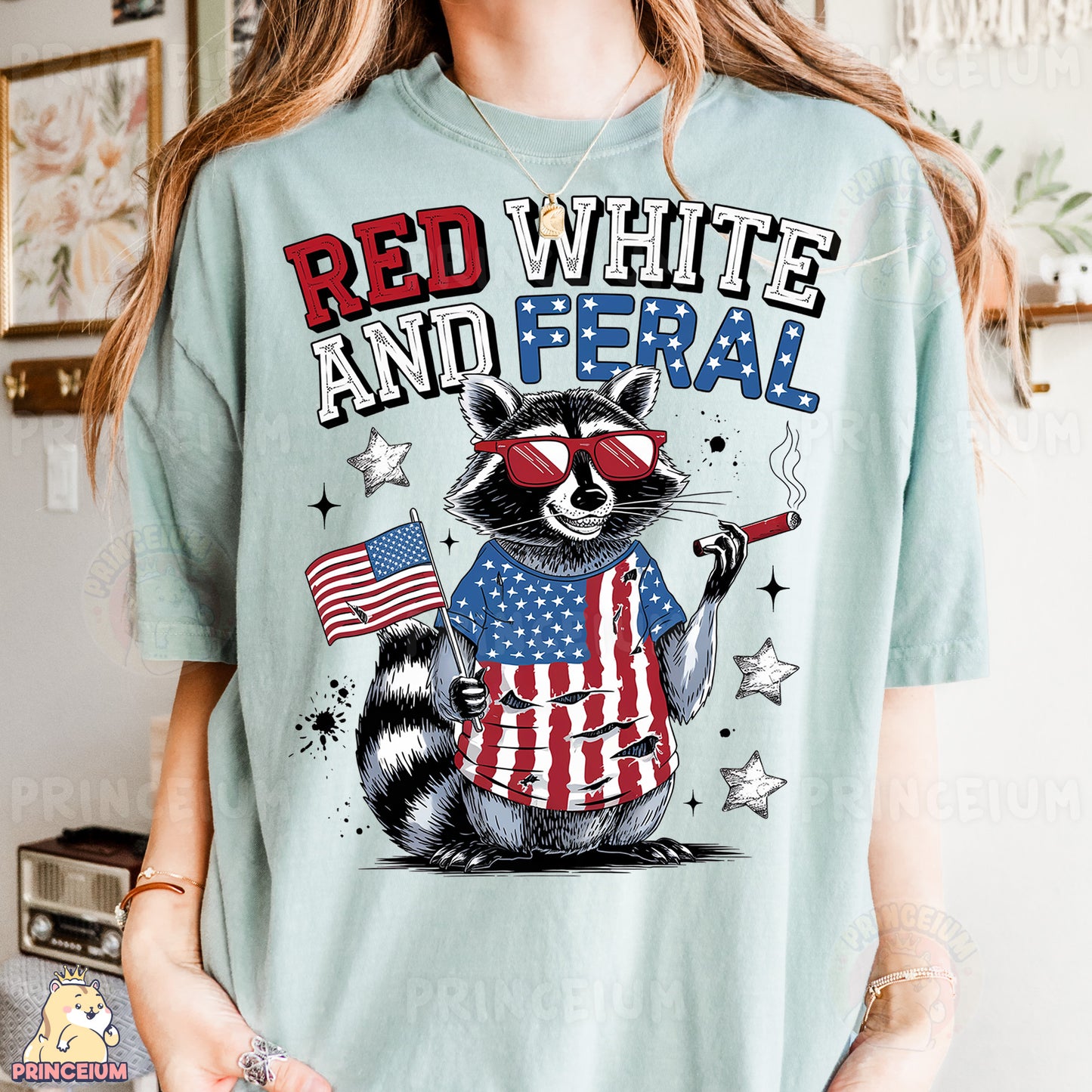 a woman wearing a red, white and fe ral t - shirt