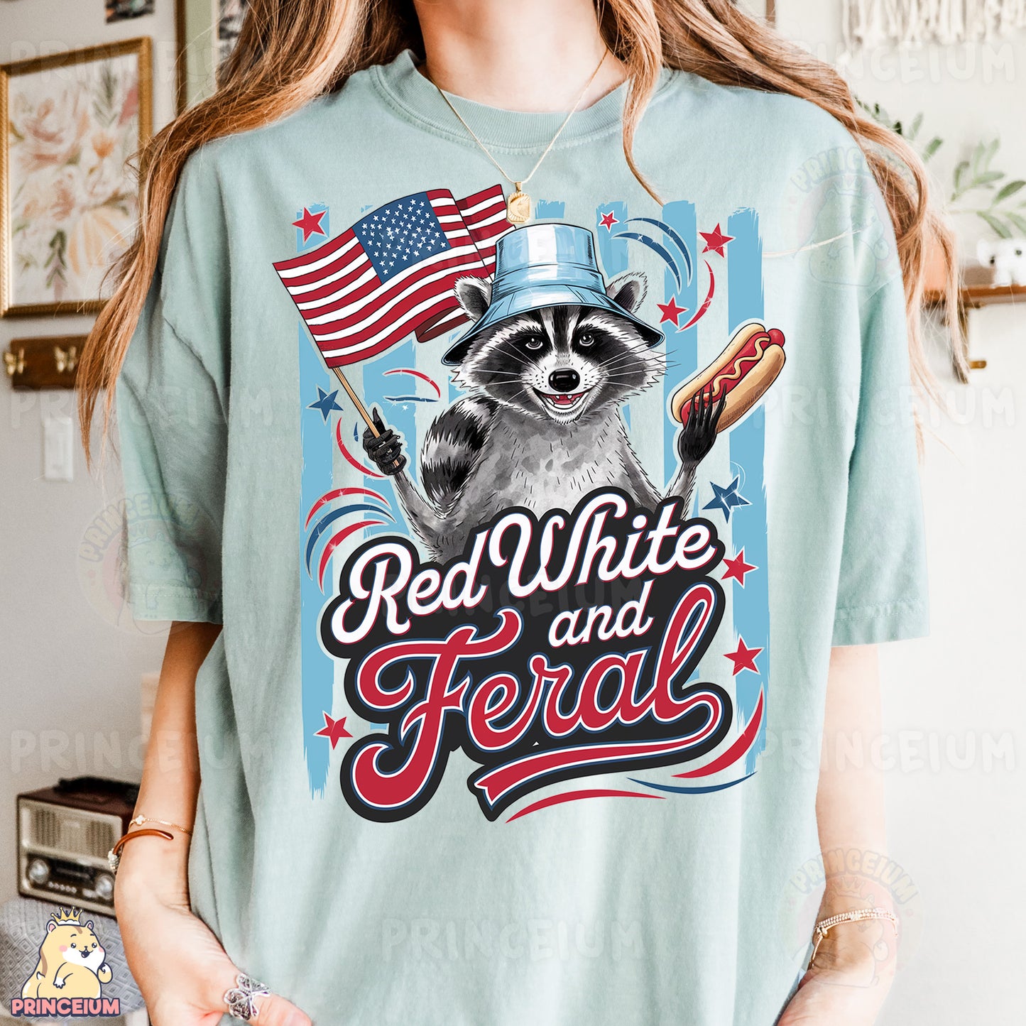 a woman wearing a red white and fe rad shirt