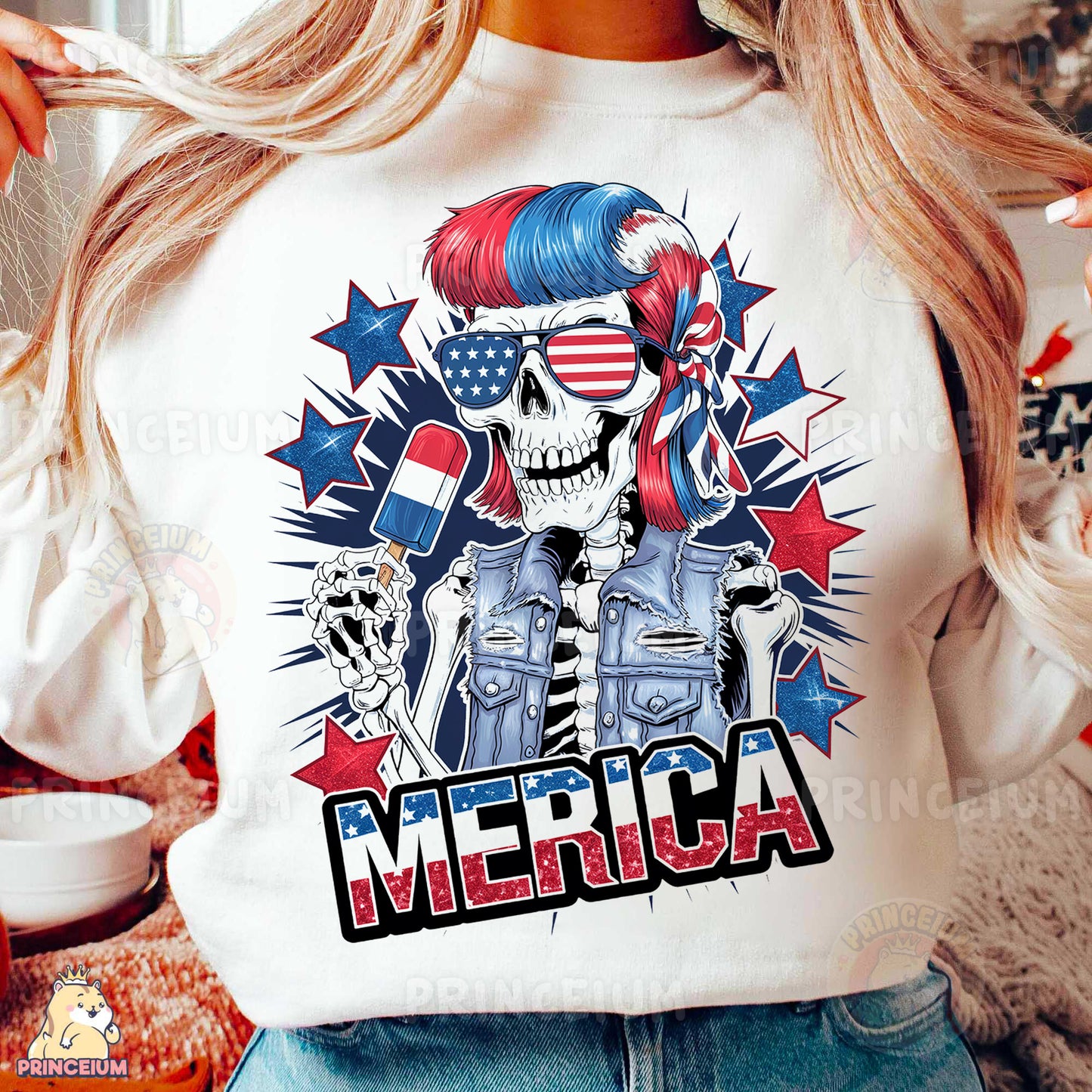 a woman wearing a white shirt with a skeleton wearing an american flag on it