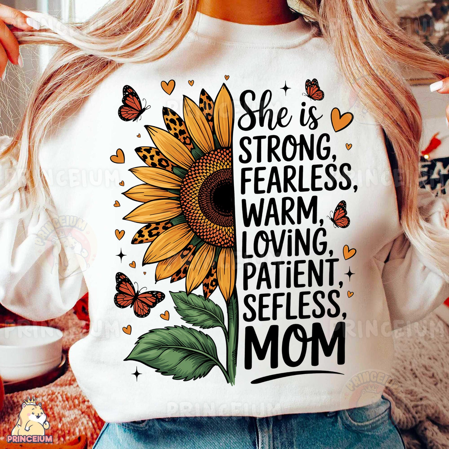 a woman wearing a t - shirt with a sunflower on it